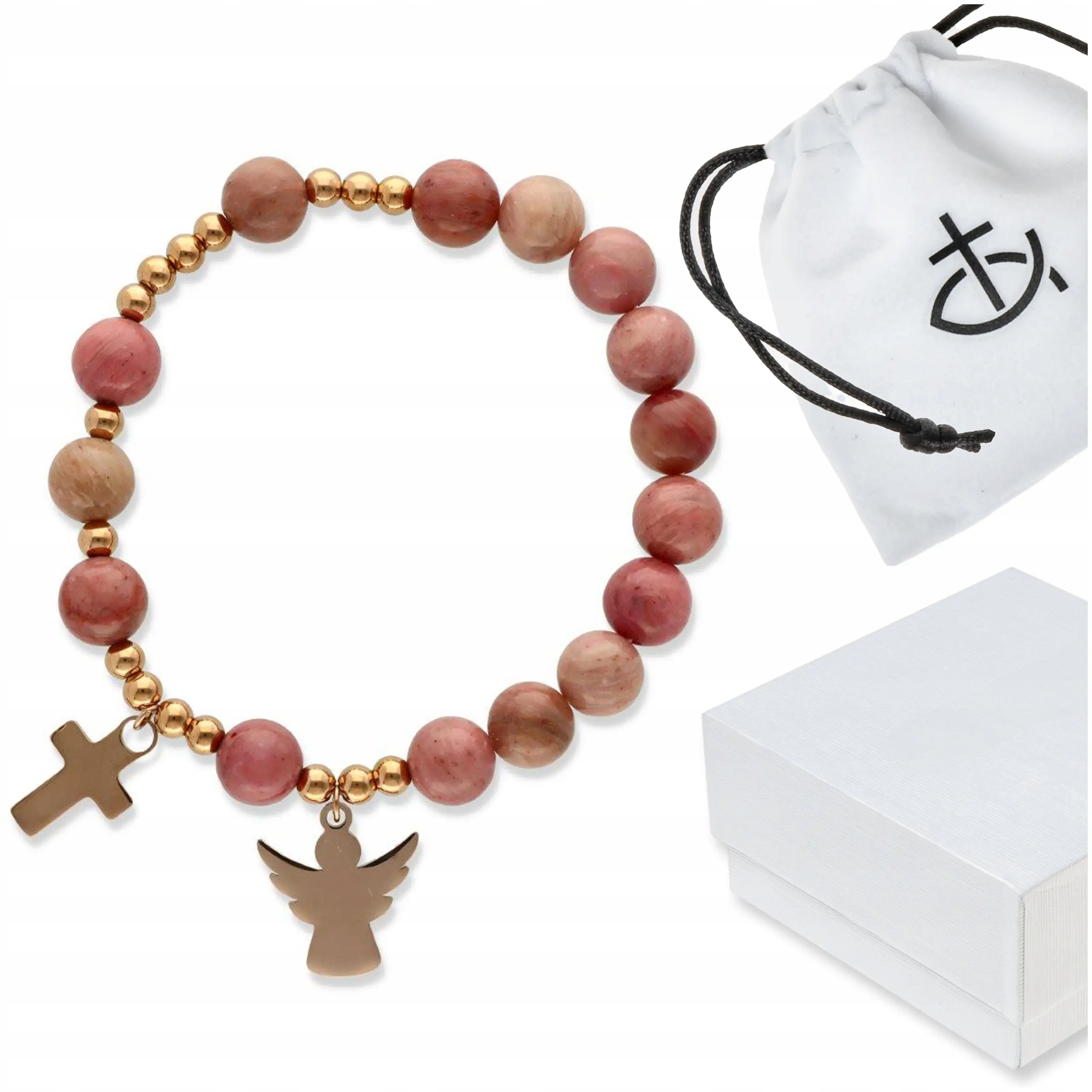 Růženec náramek kameny přírodní zlatý Anděl dárek Biřmování