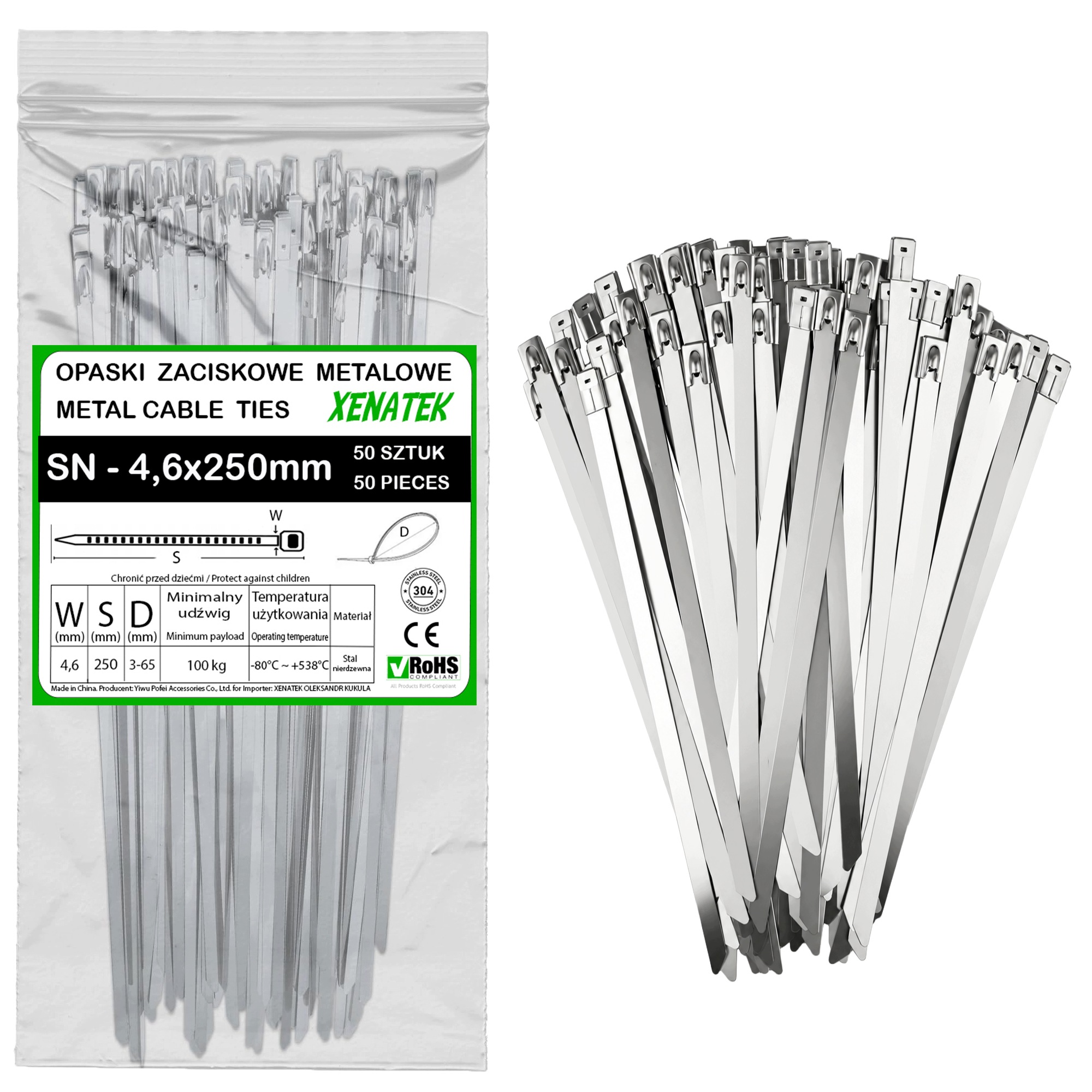 Opaski zaciskowe 4,6x250 50 szt stalowe metalowe Stal Nierdzewna 304 trytki