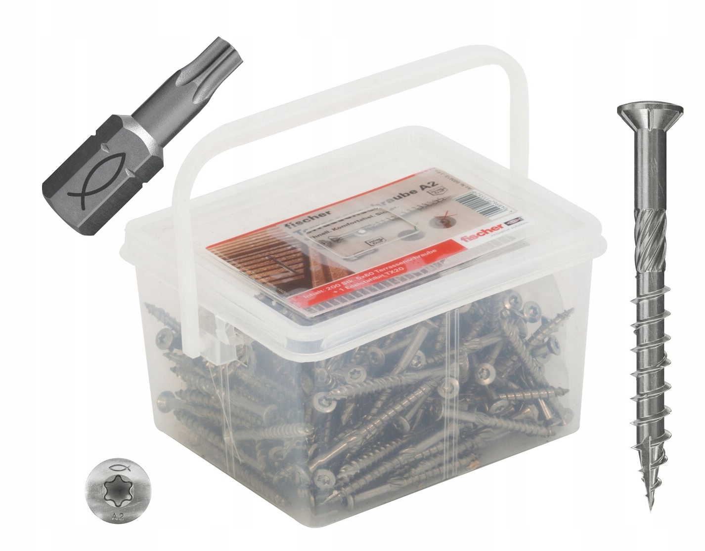 Nerezové skrutky do terás 5x60 mm 12 x Box 200 ks Bit A2P fischer