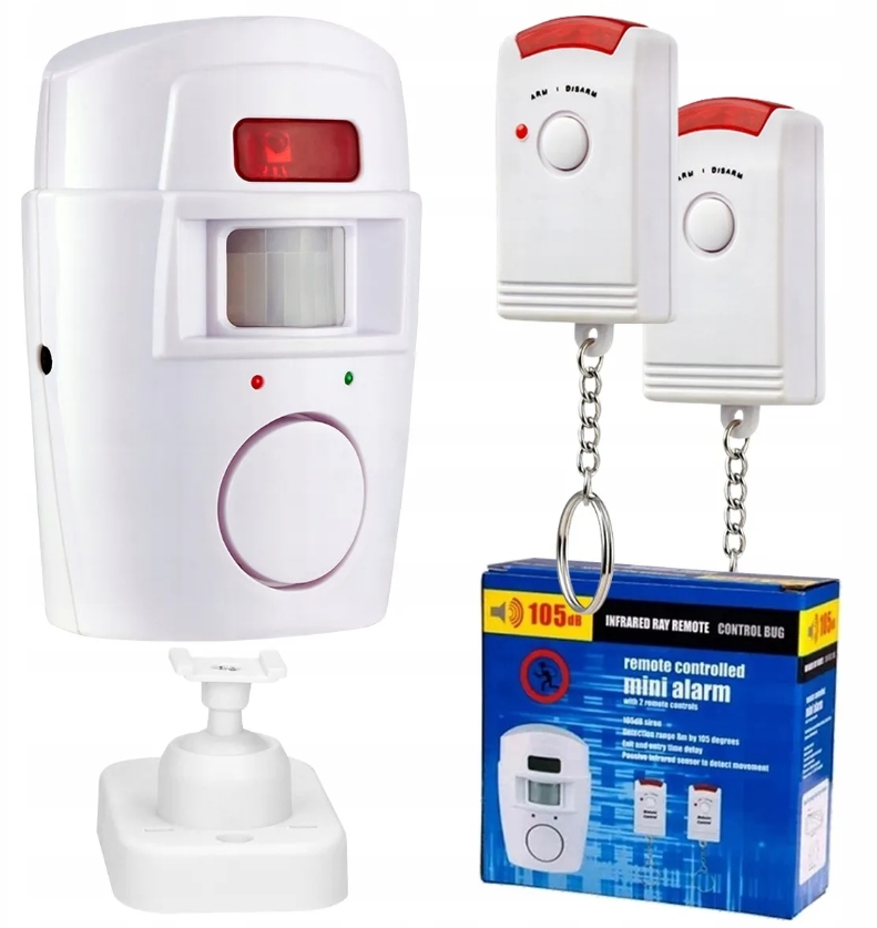 ALARM BEZPRZEWODOWY CZUJNIK RUCHU SYRENA 105dB + 2 PILOTY DO DOMU GARAŻU
