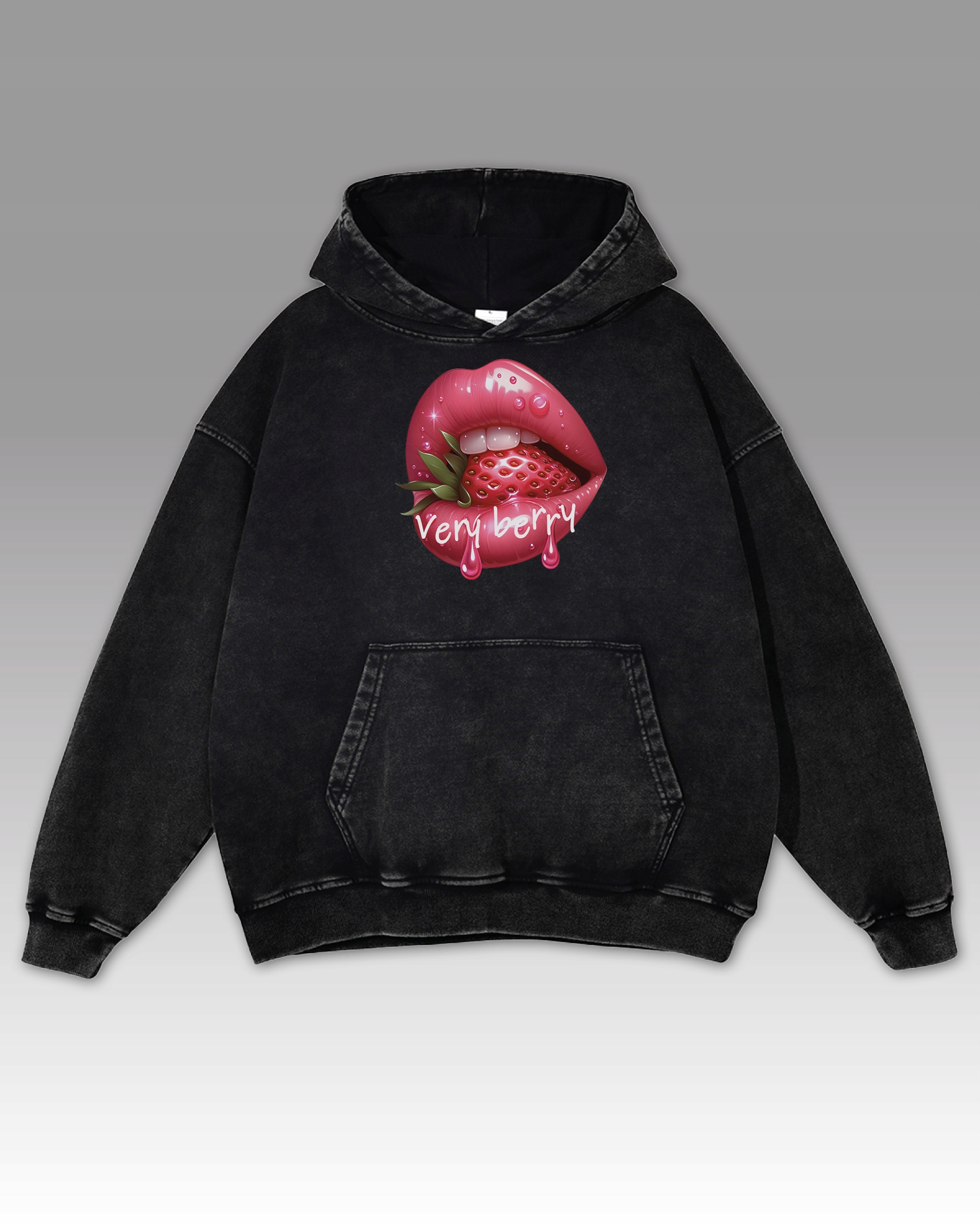 Velká nadměrná Mikina Very Berry Washed Lips Jahoda Sensuality Black L