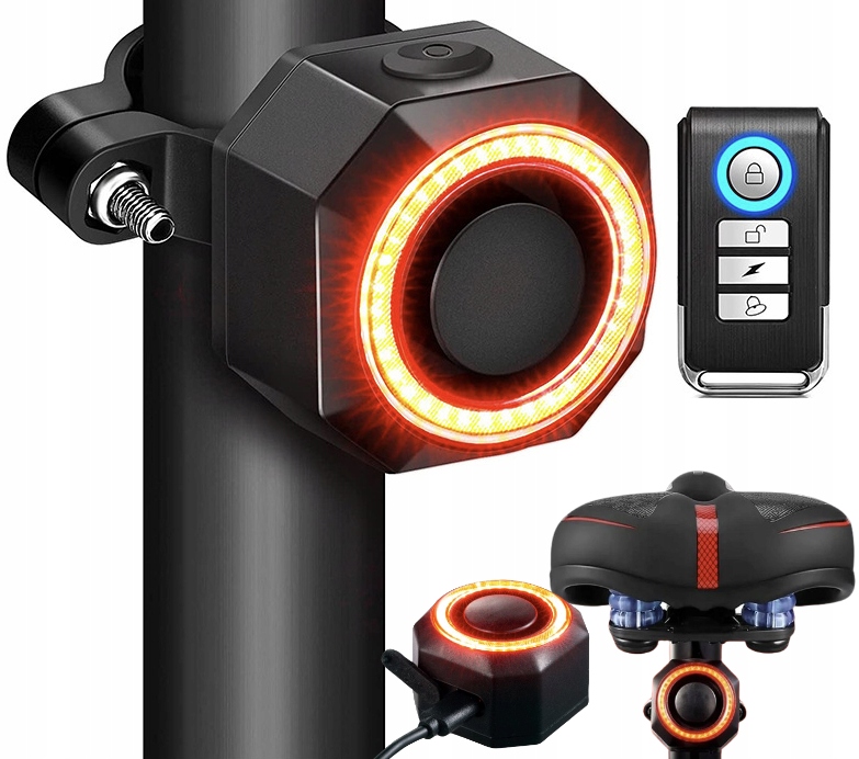 ALARM ROWEROWY ANTYKRADZIEŻOWY + LAMPA TYLNA LAMPKA ROWEROWA DZWONEK PILOT