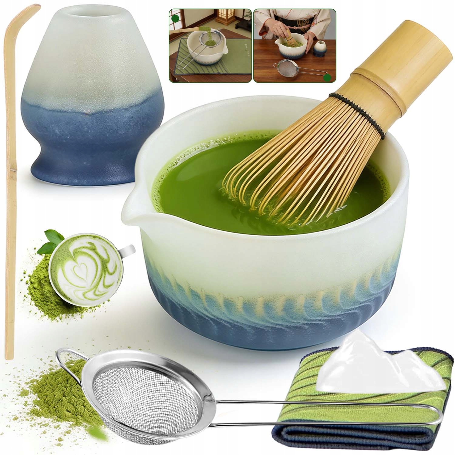 Ceramiczny Zestaw Do Matchy 7W1 Czarka Miotełka Łyżeczka Do Herbaty Matcha