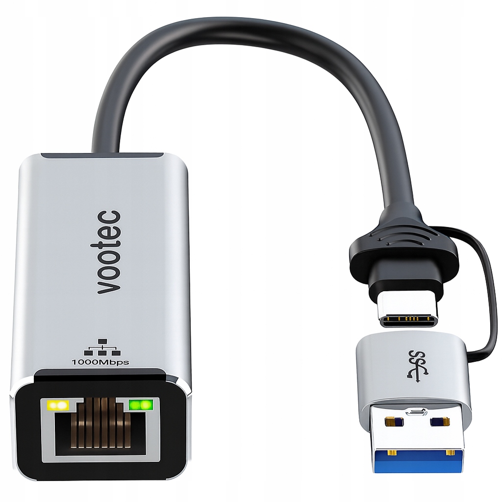 Adapter USB-C / USB 3.0 do Ethernet RJ-45 Gigabit 1000 Mbps Vootec