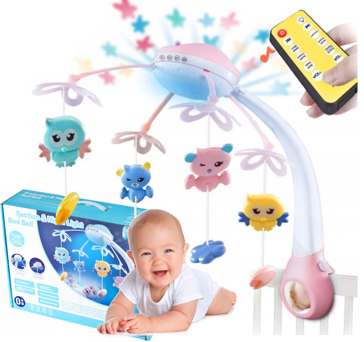 Karuzela do łóżeczka 500 MELODII PROJEKTOR LED TIMER Sterowanie na PILOT