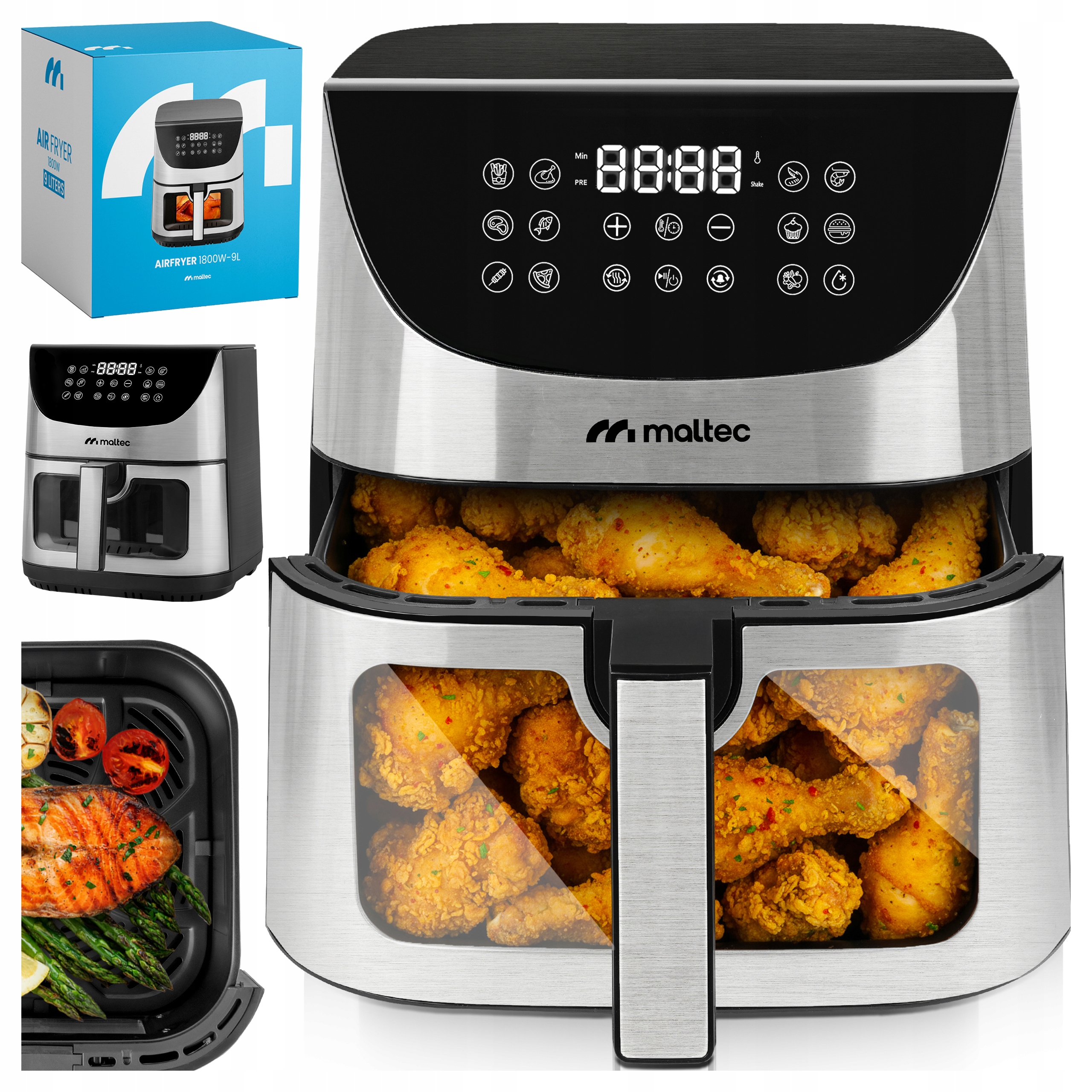 Frytkownica Beztłuszczowa 9L Frytownica Air Fryer Duża Mocna Okienko 1800W