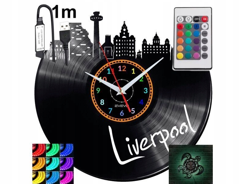 Liverpool Nástěnné hodiny podsvícené Led Rgb na dálkové ovládání Vinylová deska Nowoc