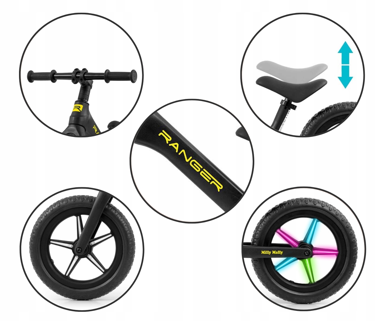Rowerek Biegowy dla dziecka koła Eva 12" Led Ranger Flash Milly Mally Black