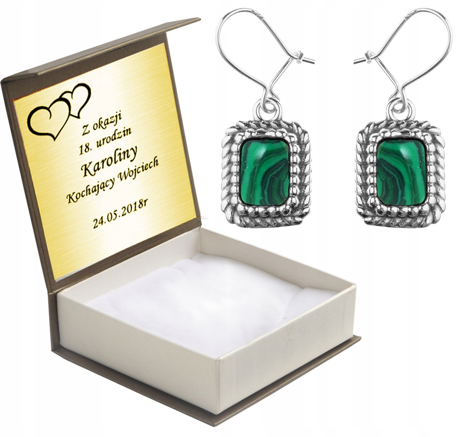 

Srebrne Postarzane Kolczyki Z Malachitami + Grawer