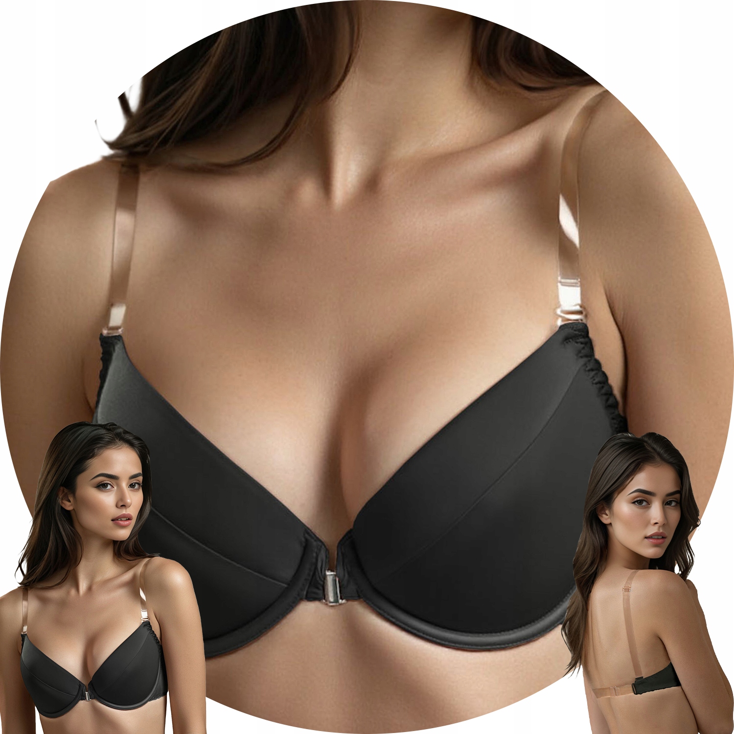 Vivisence 1086 czarny gładki odkryte plecy Biustonosz 85B Push-up