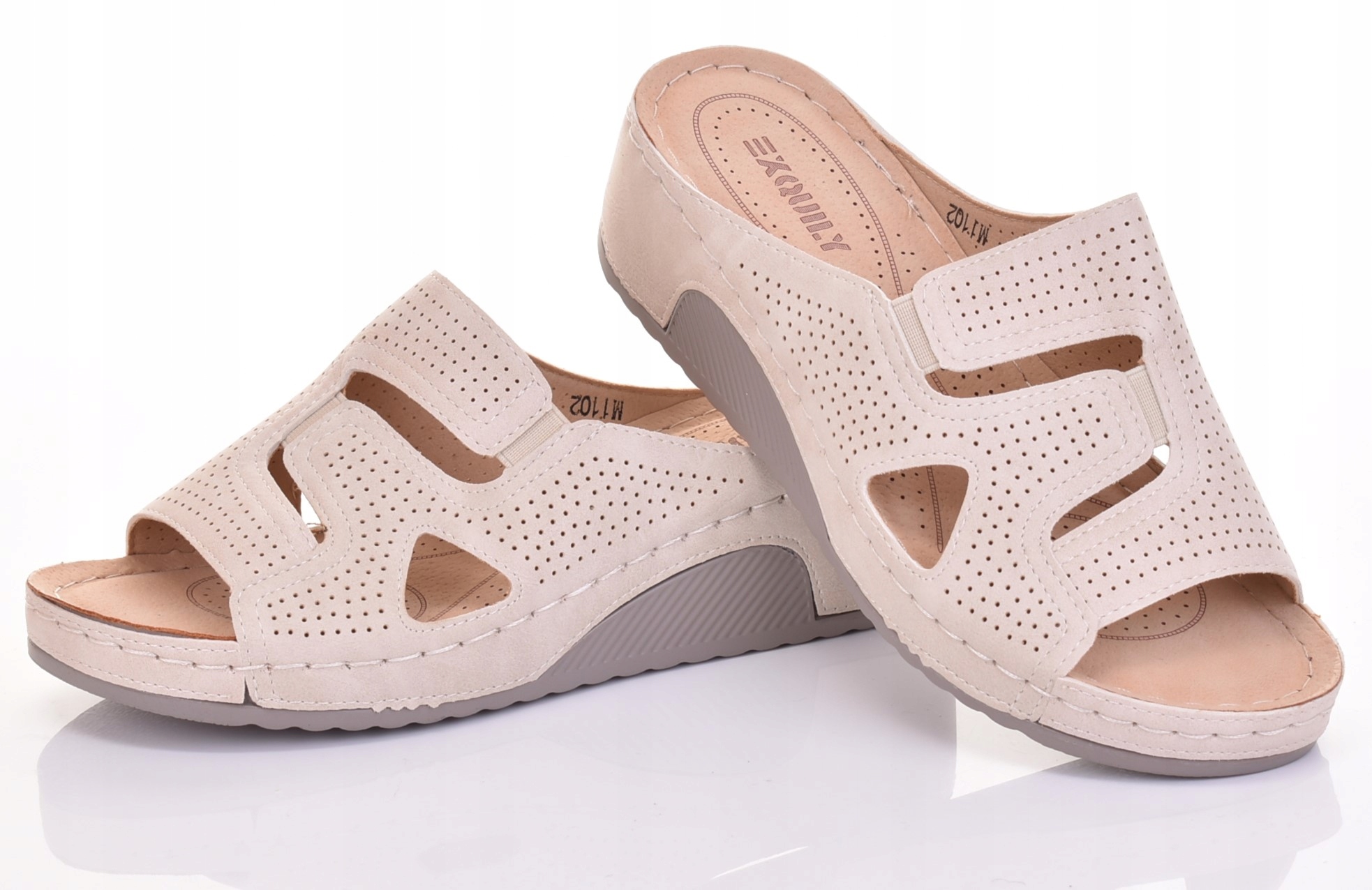 SZYTE KLAPKI DAMSKIE NA KOTURNIE Z PIANKI SKÓRZANE BARDZO LEKKIE Z GUMKĄ Rozmiar 39