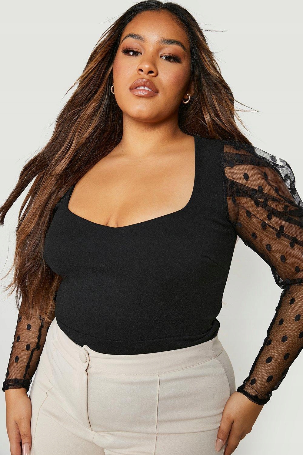 CZARNE ELEGANCKIE BODY BLUZKA SIATECZKOWE RĘKAWY W GROSZKI PLUS BOOHOO 54