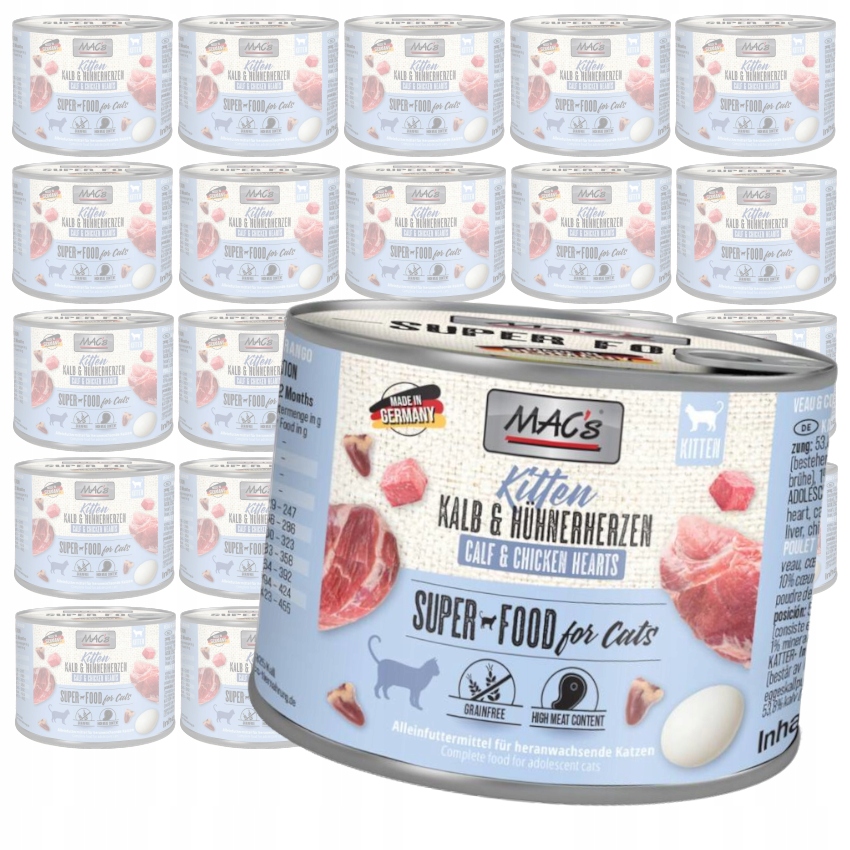 Levně MAC's Kitten Vlhké Krmivo pro koťata Telecí srdce Drůbeží 24x200g