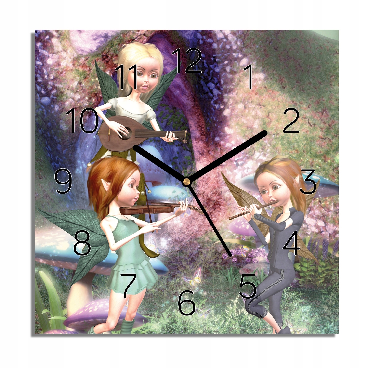 

Elfy wróżki muzyka zegar na szkle 30x30 do pokoju