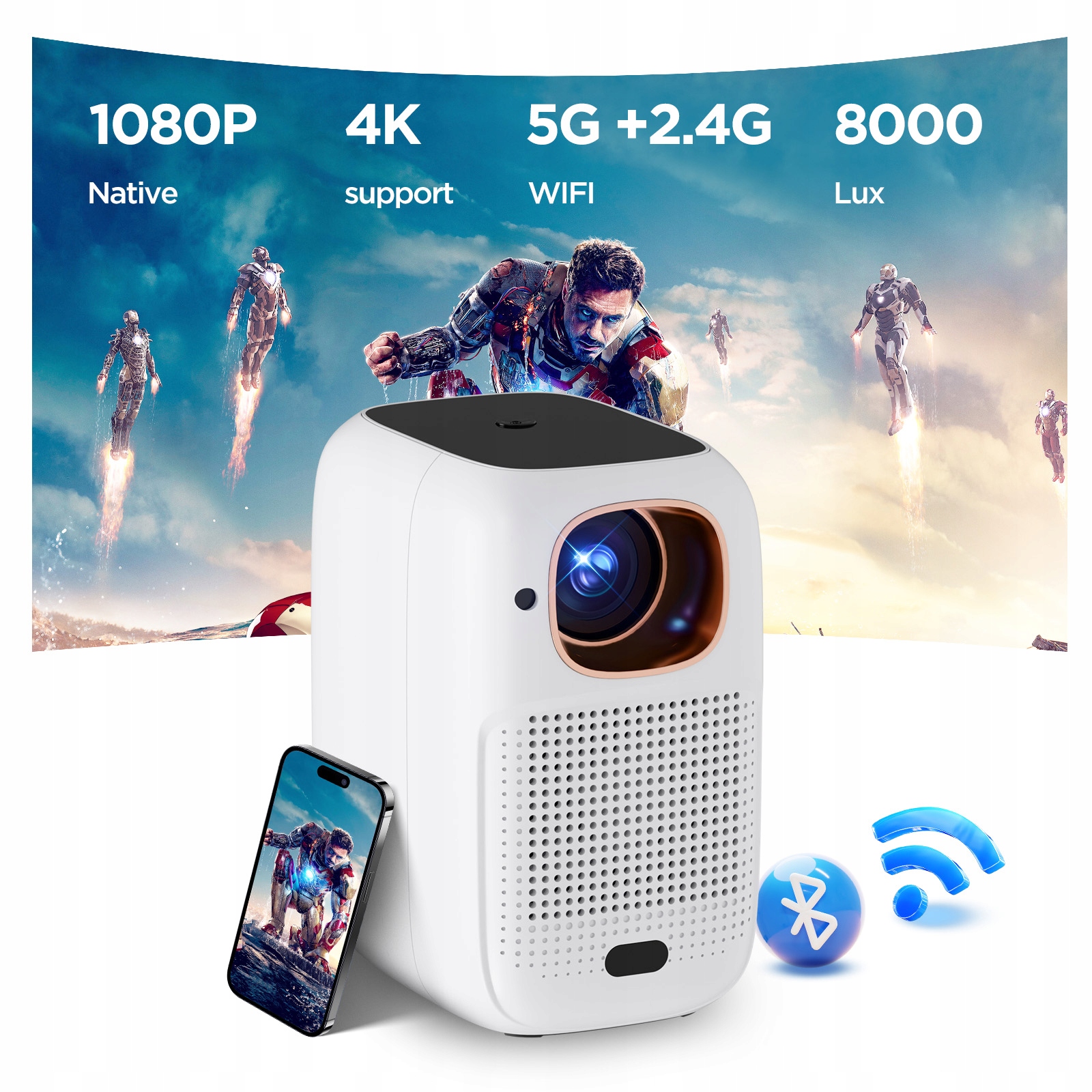 Mini projektor do obrotowego urządzenia 1080P akumulator 10400 mAh V1