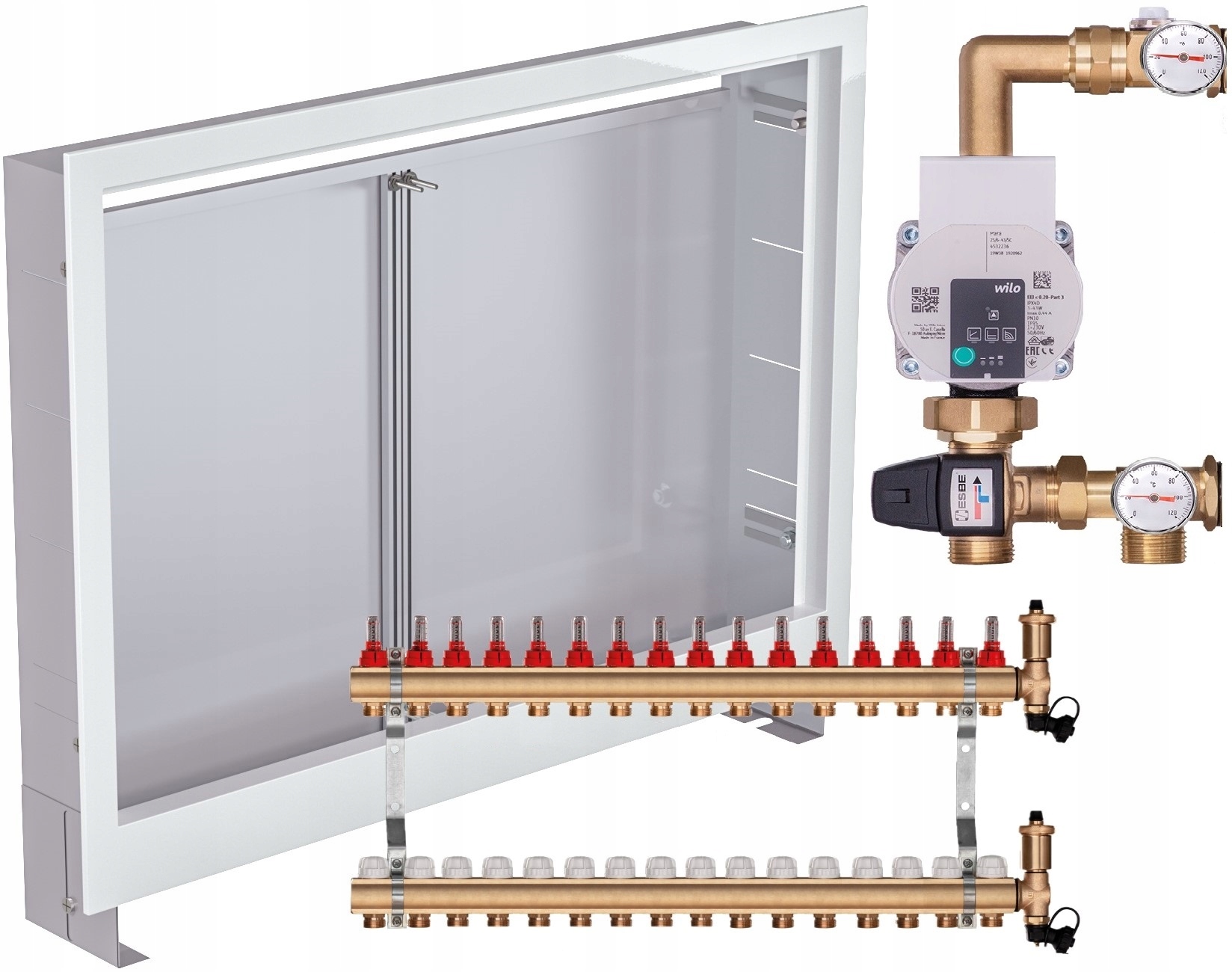 Mosazný rozdělovač pro podlahu 16 s Pumpou Wilo Podomítková Skříňka