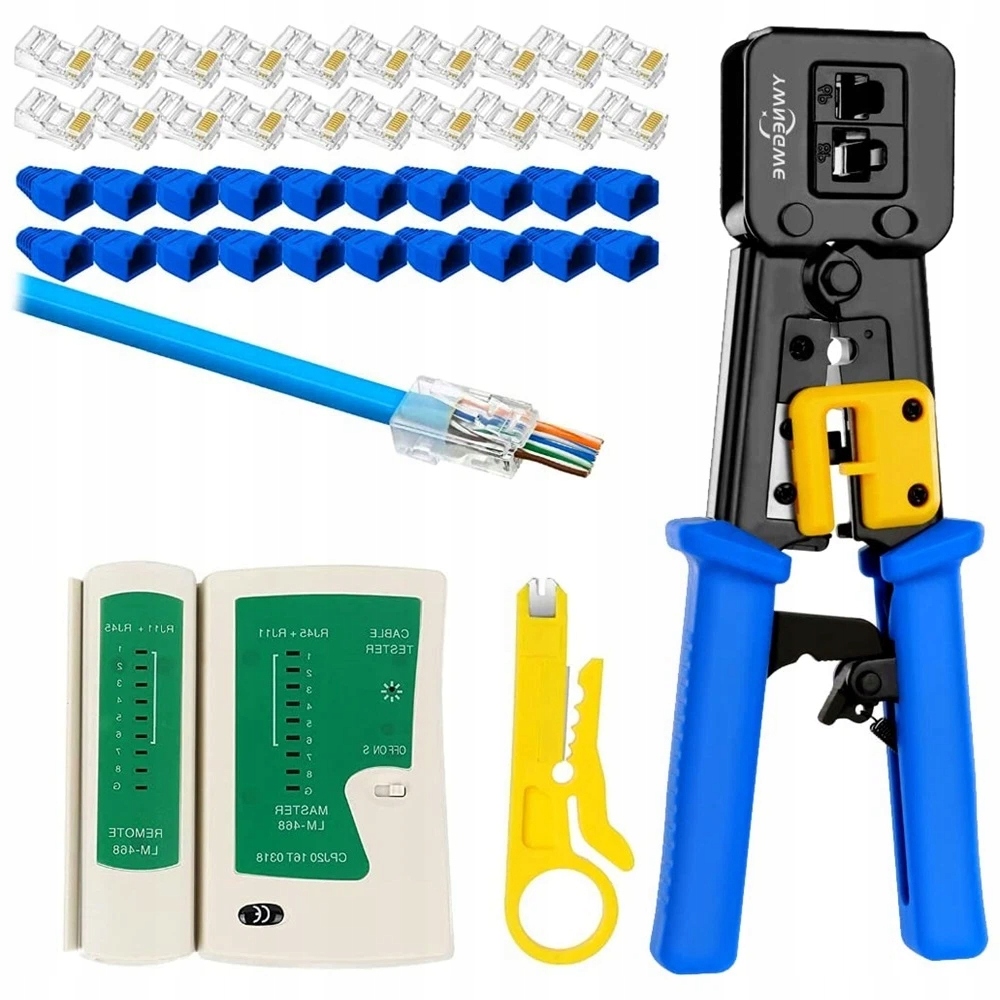 Průchozí svorka RJ45 CAT6 s síťovým testovacím zařízením a konektory