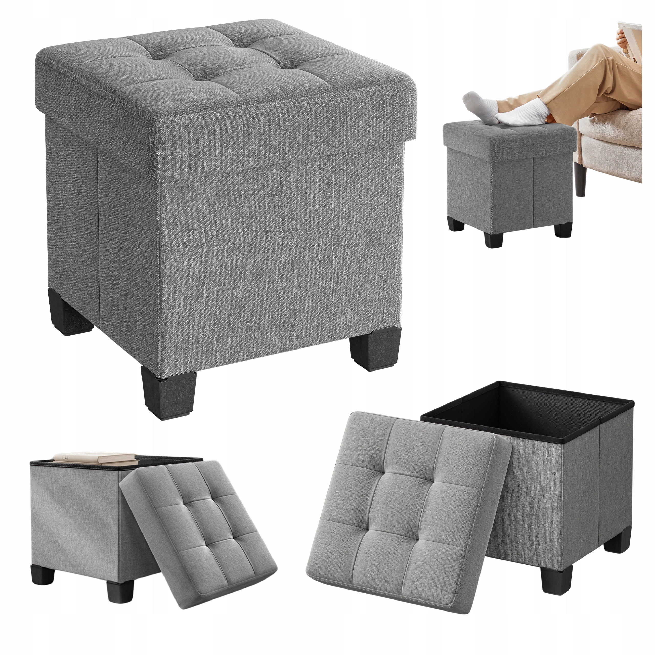 Taburet Čalouněná pro skladování Pikovaná podnožka s úložným prostorem Šedá