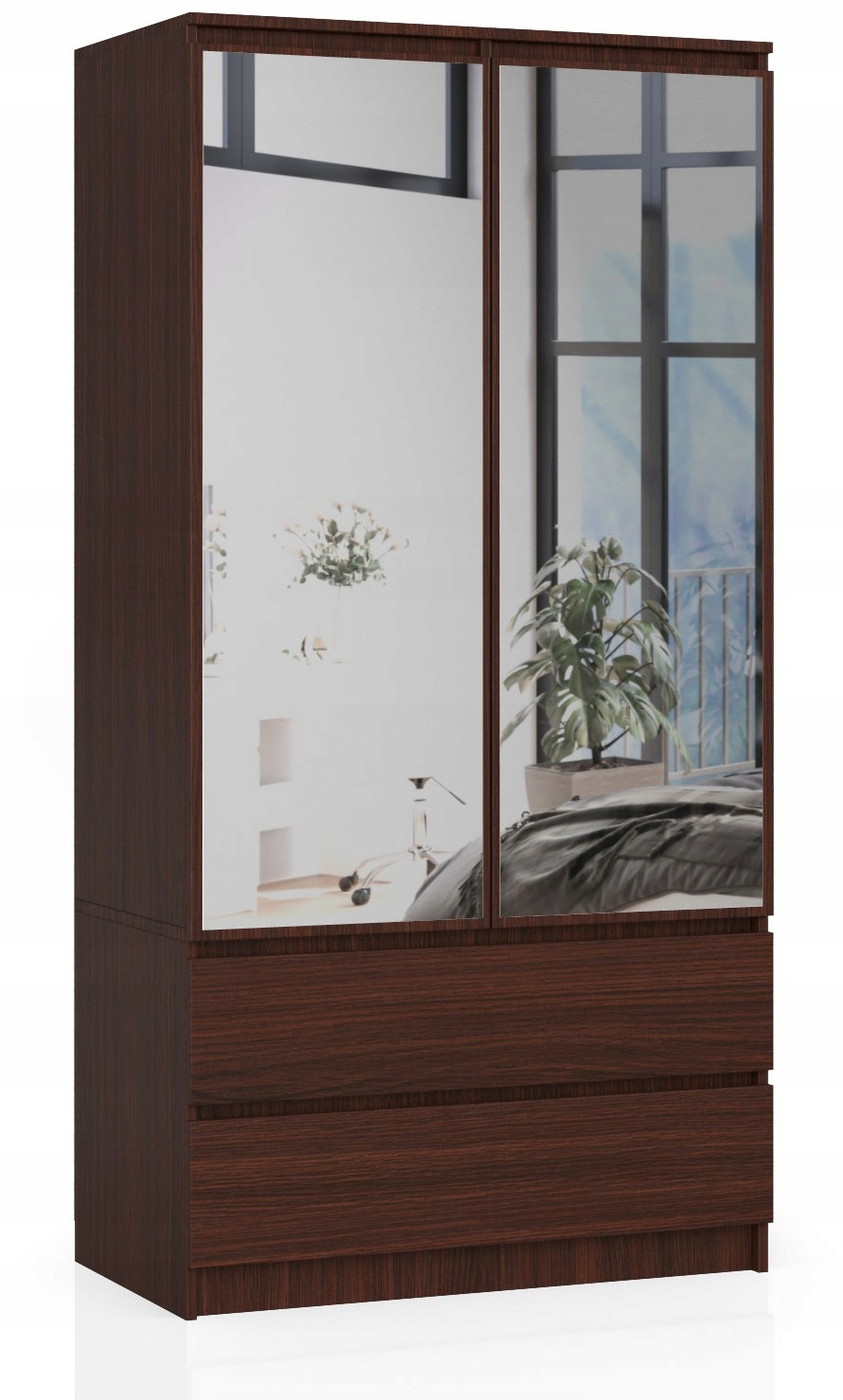Szafa 90 cm lustro sypialnia 2 drzwi 2 szuflady 4 półki duża pojemna Wenge