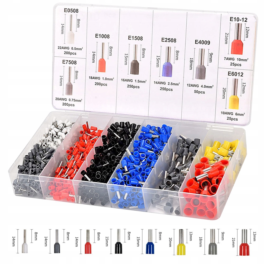 TULEJKI ZACISKOWE DO PRZEWODÓW IZOLOWANE ZESTAW 1200 SZT TULEJKA 0.5-2.5 Waga produktu z opakowaniem jednostkowym 0.3 kg