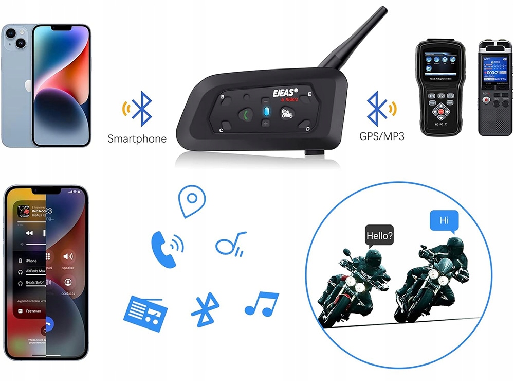 2X EJEAS V6 PRO INTERKOM MOTOCYKLOWY BLUETOOTH 5.1 SŁUCHAWKI 1200M 850MAH Parowanie z interkomem innej marki tak