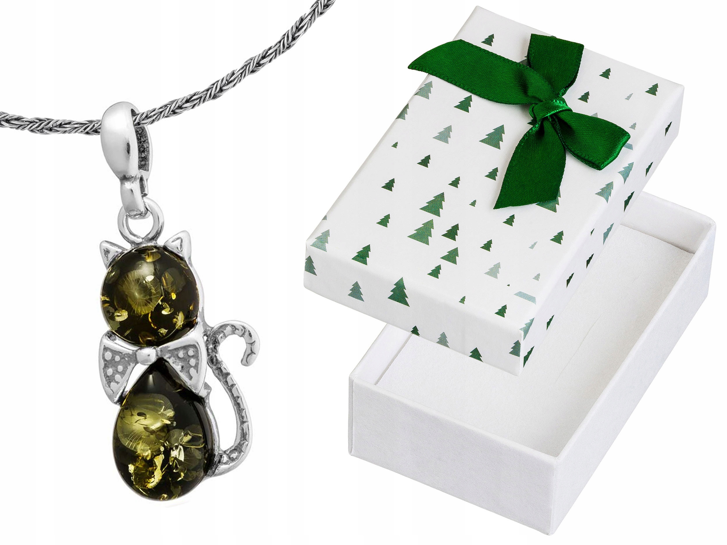 Krátký Stříbrný Dámský Náhrdelník Kočka se Zeleným Jantarem Koťátko Choker 38 Cm