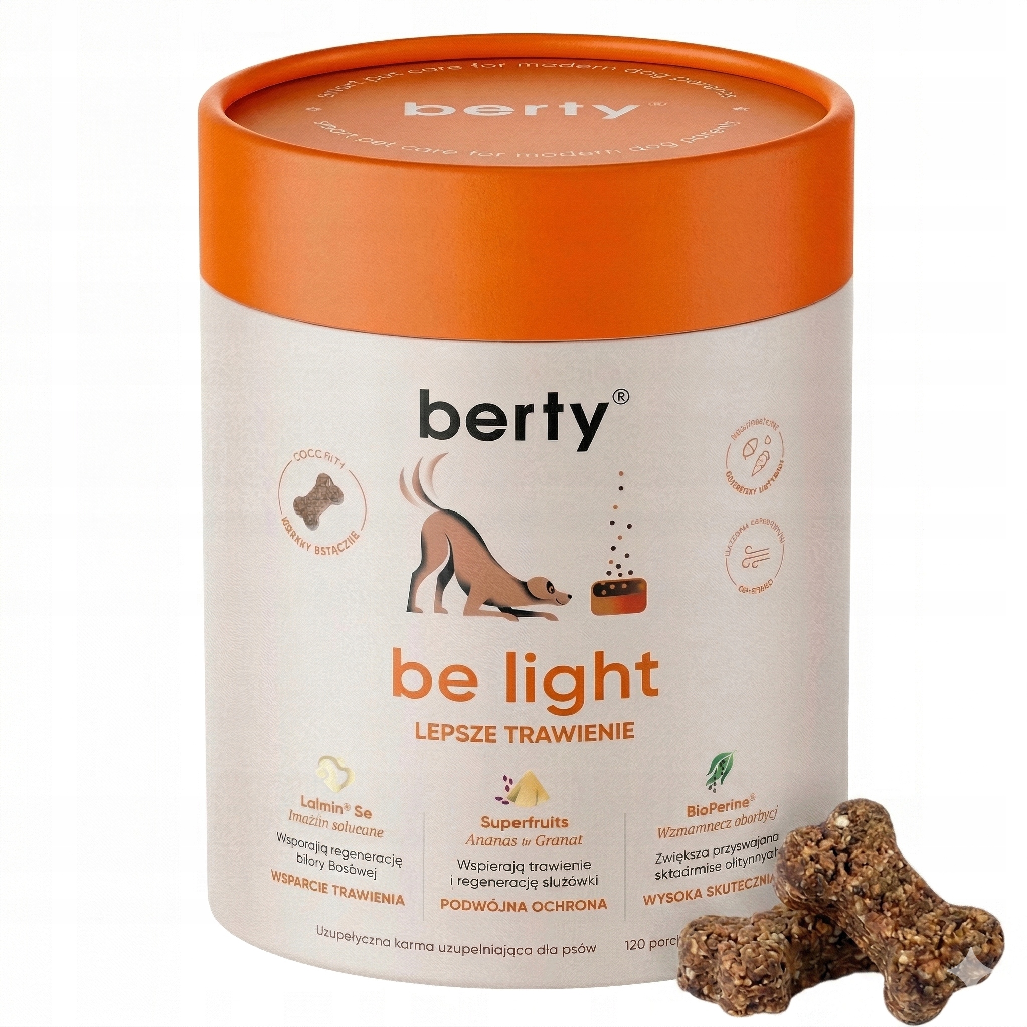 Doplněk stravy pro psa na trávení Probiotikum Kachna Plynové plyny Nadýmání Be Light Berty