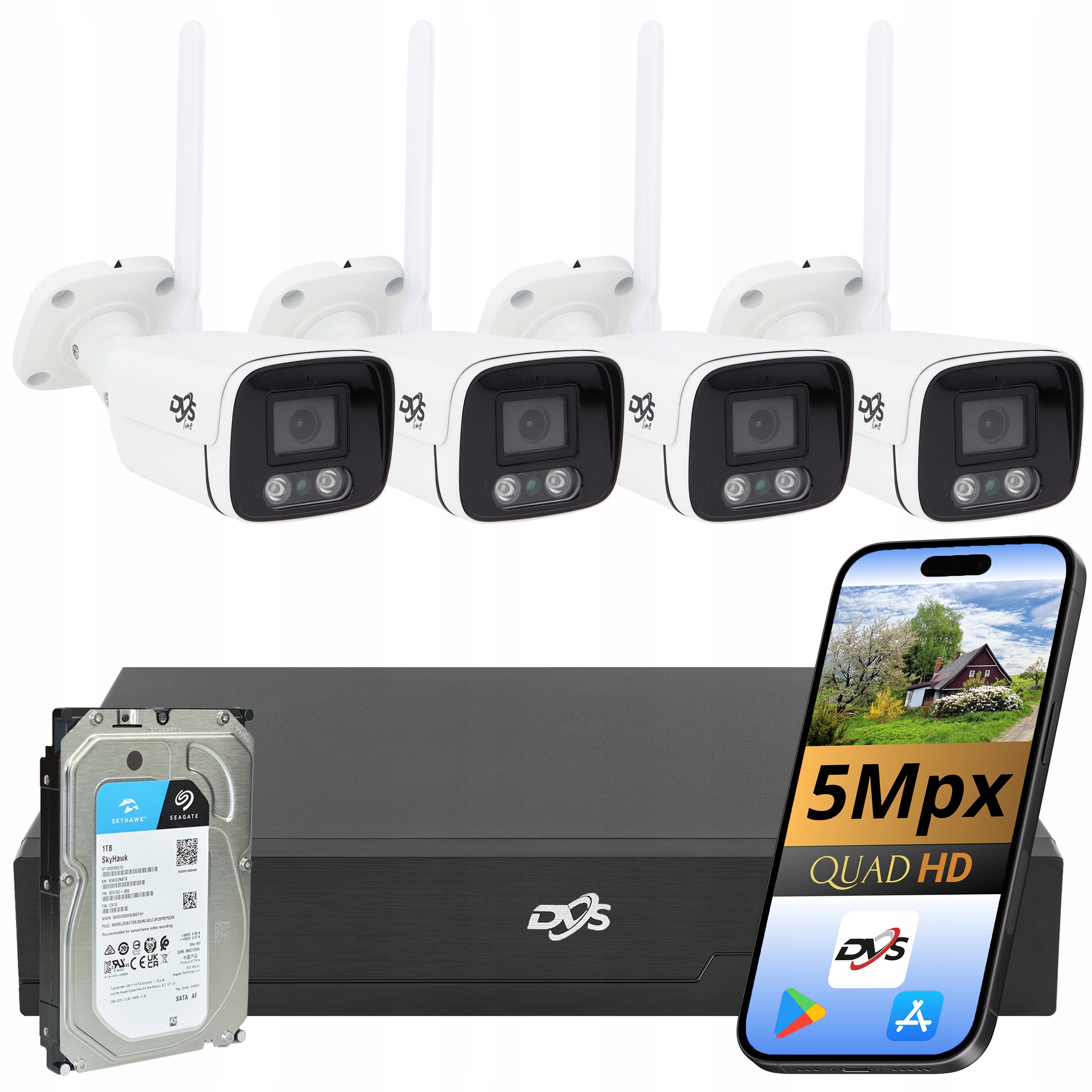 Kompletní Sada Wifi Monitorování 4x Kamera 5MPX Rekordér Disk Camhipro