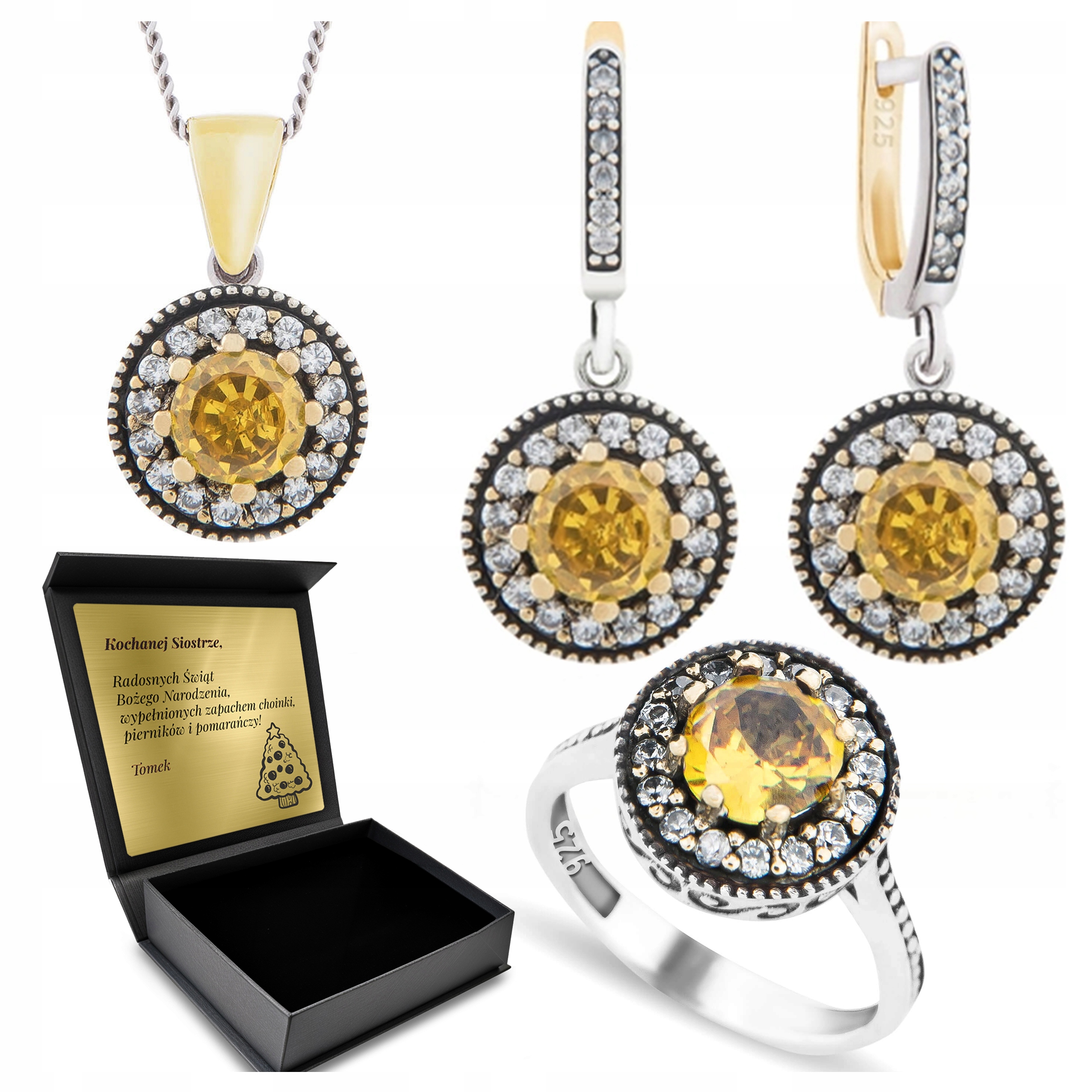 Sada Stříbrných Šperků 925 S Zirkony A Citronem pro ženy Gravírování