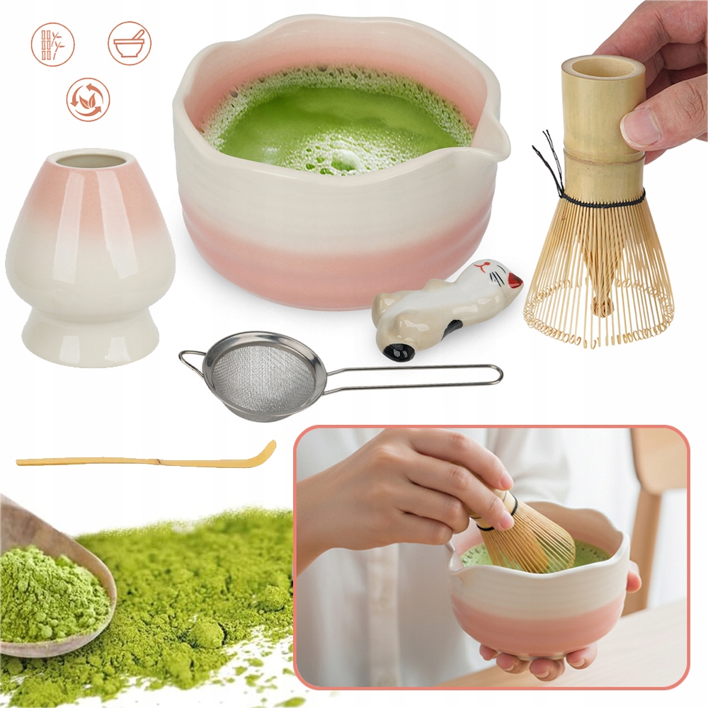 Sada Metliček Matcha, 6 Kusů, Keramická Sada Na Čaj Matcha, Růžová