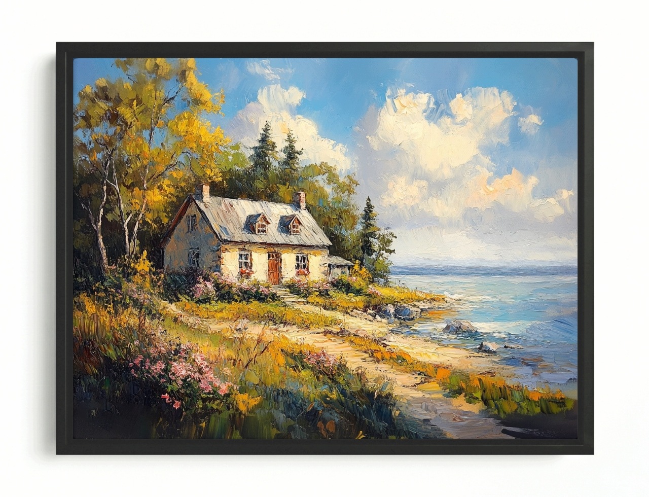 Obraz Rám Americká Krajina Dům Moře Pobřeží Pláž Květiny Hygge 80x60