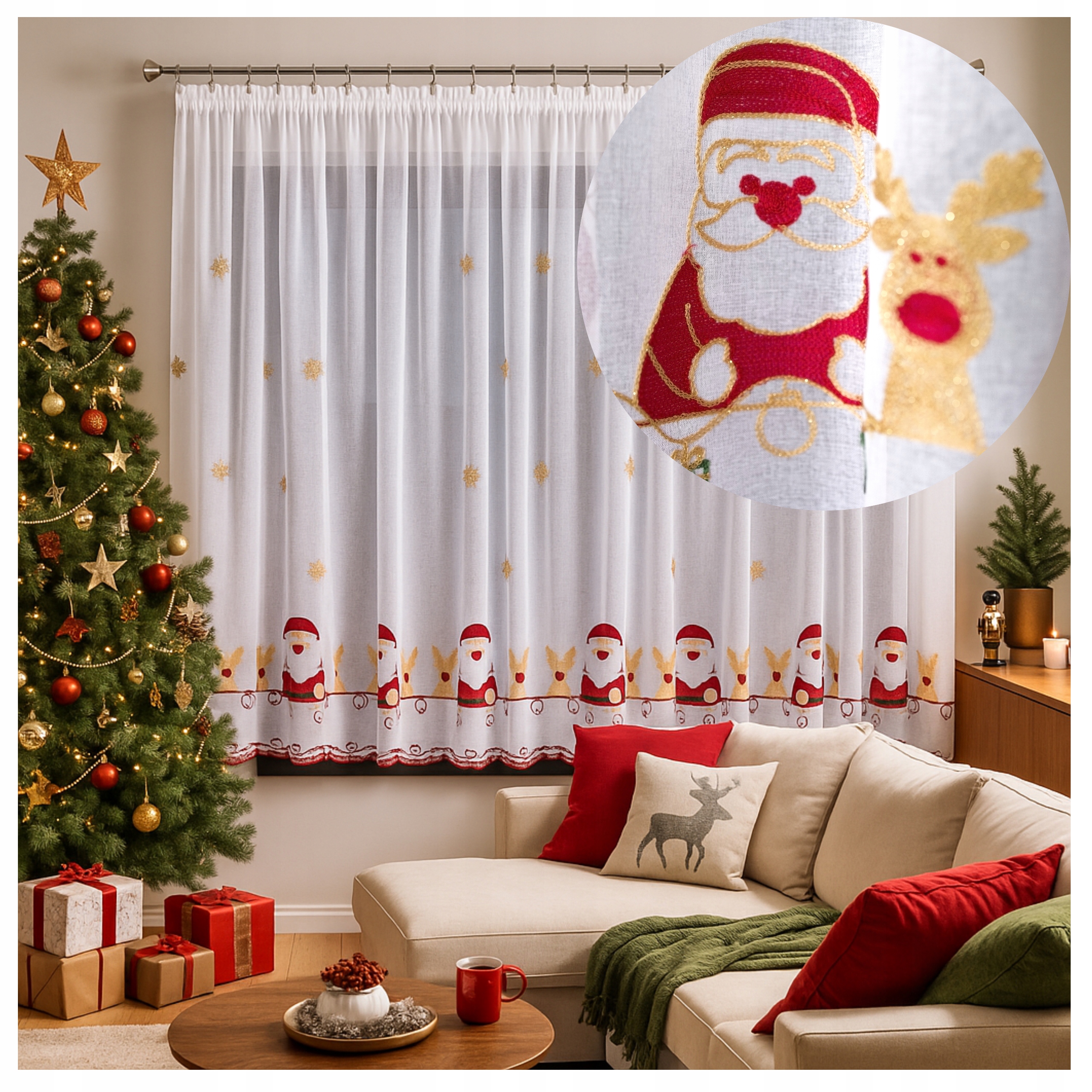 Záclona s výšivkou 400 x 250 cm Mikulášští sobi, zlaté sněhové vločky