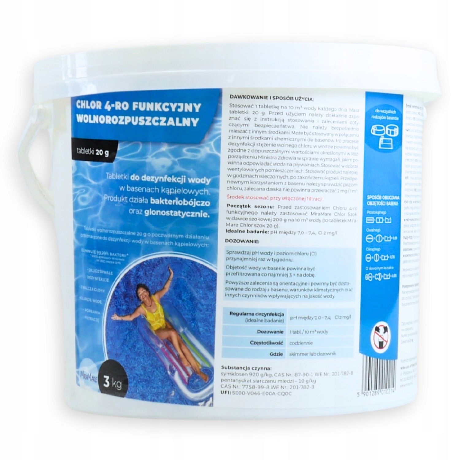 MiraMare Chlor basenowy tabletki 20g Chlor 4w1 Wolnorozpuszczalny 3kg