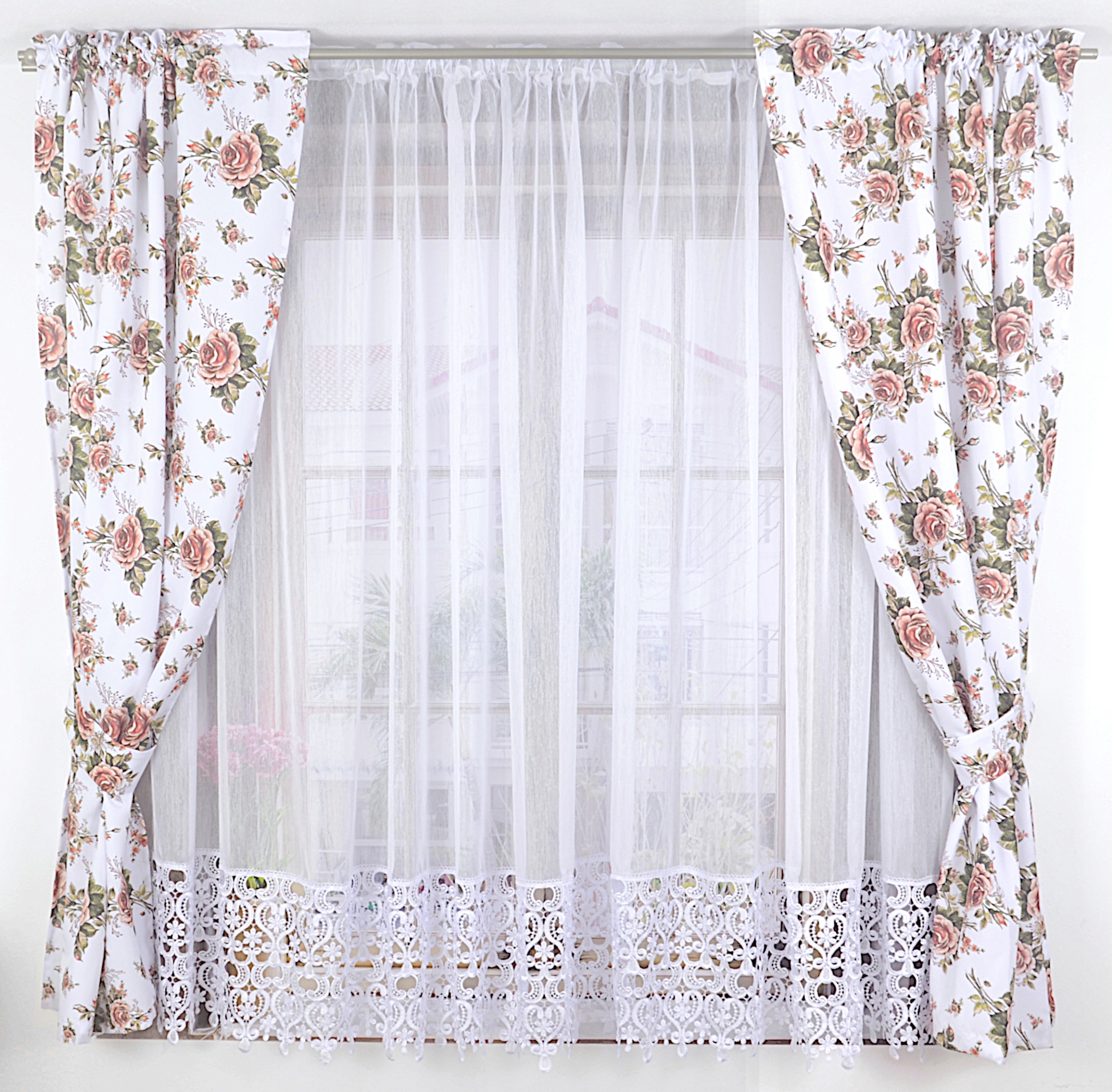 

Firana sable z gipiurą +zasłony róże 350x160cm
