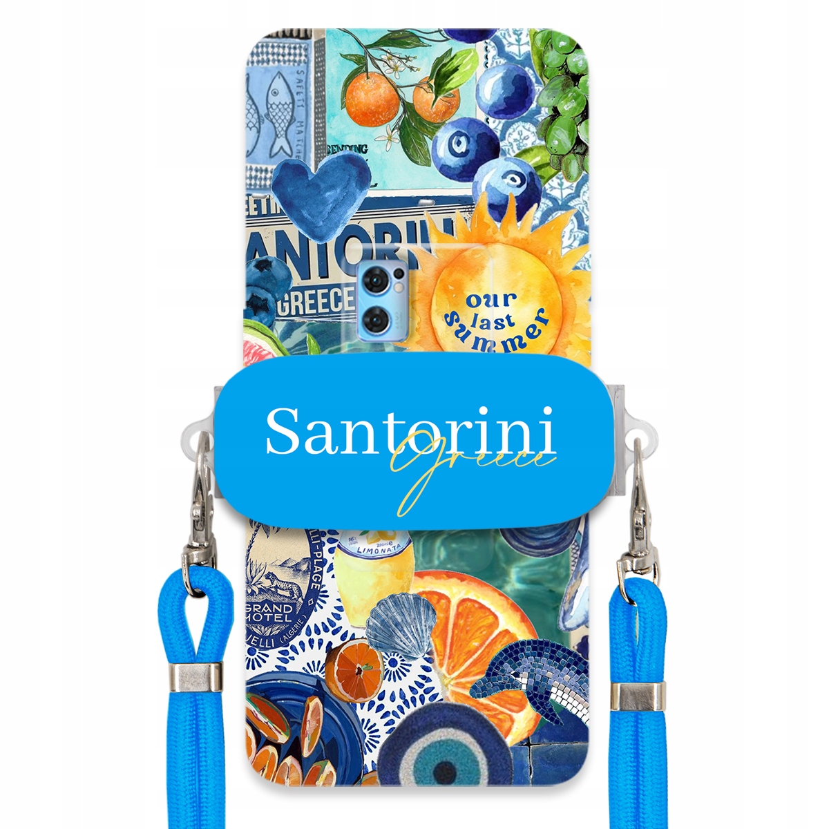 Puzdro pre Oppo Reno 7 Pro Modré Crossbody vodítko držiak Santorini Greece