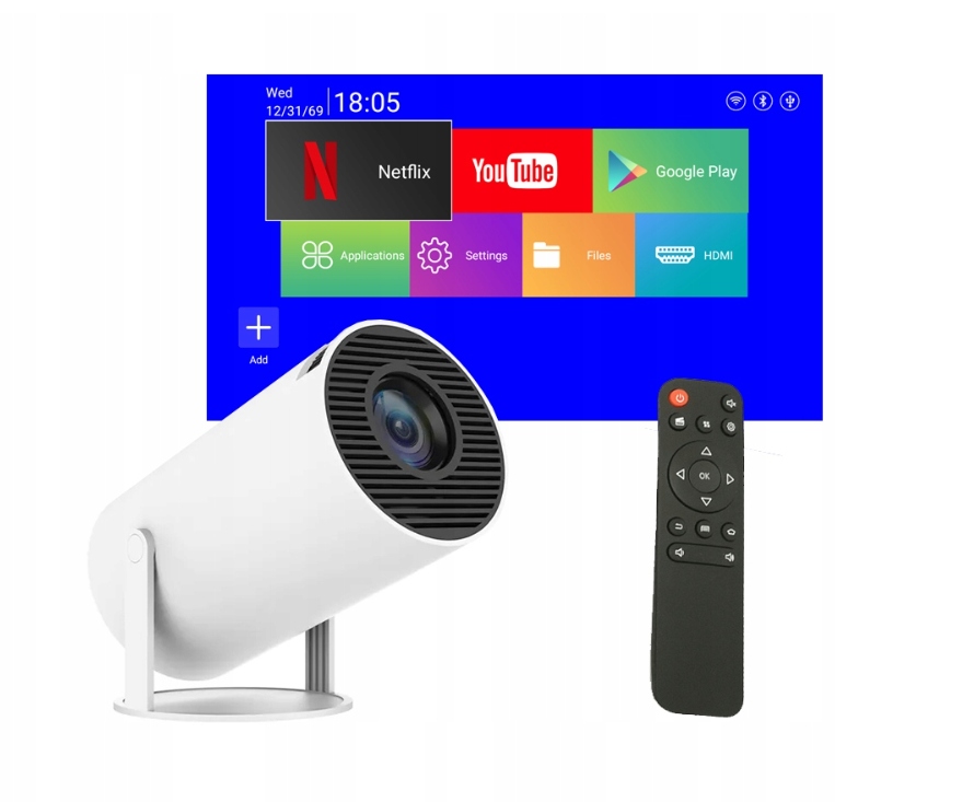 Mini Projektor Rzunik Domowy HD Ready Android TV, USB, HDMI, WI-FI, BT 5.0