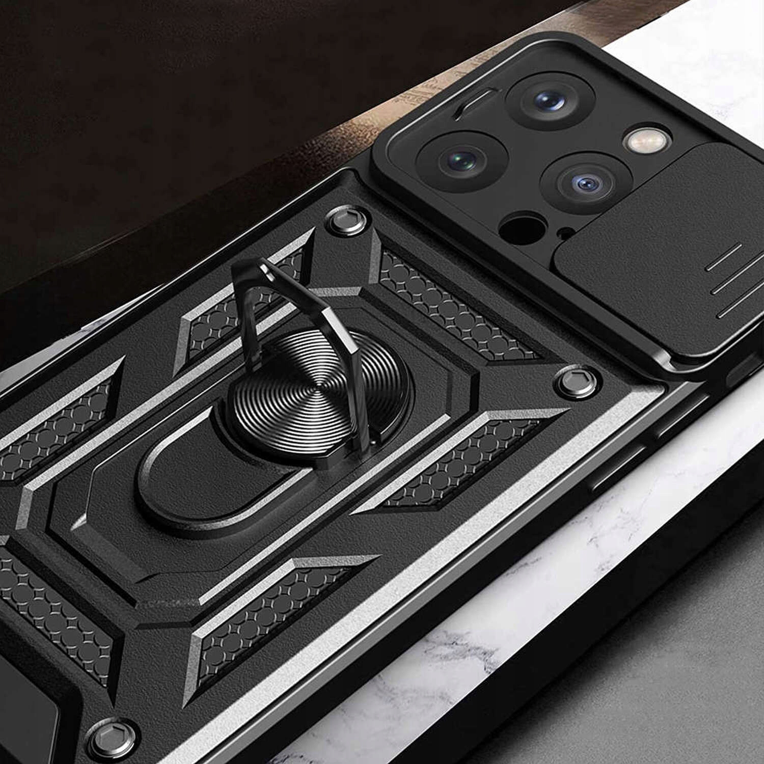 ETUI SLIDE RING ARMOR COVER DO IPHONE 15 PRO MAX + SZKŁO Funkcje pochłanianie wstrząsów