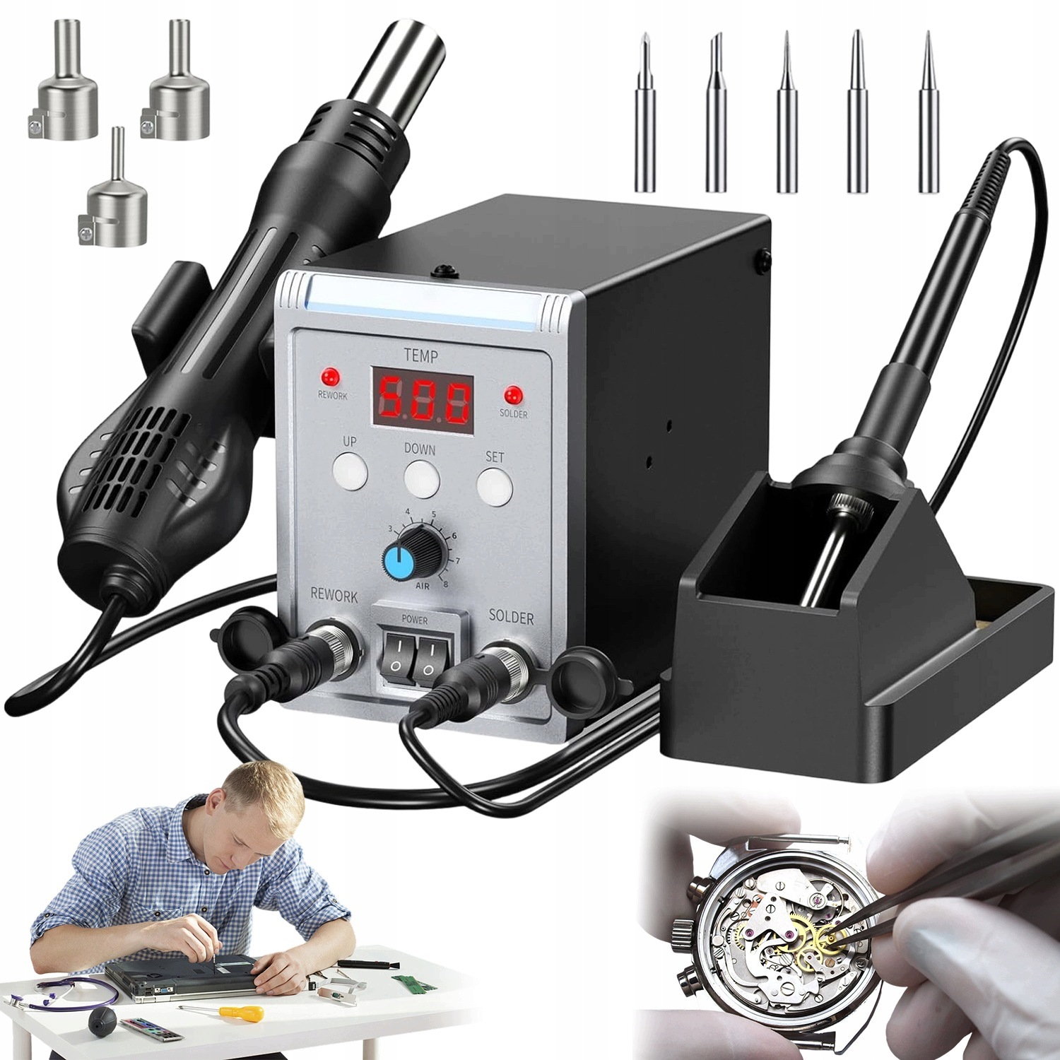 2V1 Hot Air Pájecí Stanice 700 W Se 3 Tryskami A 5 Pájecími Hroty