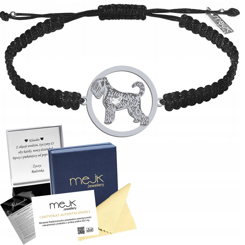 Stříbrný náramek Ruský teriér 925 Makramé Žena Gravírování