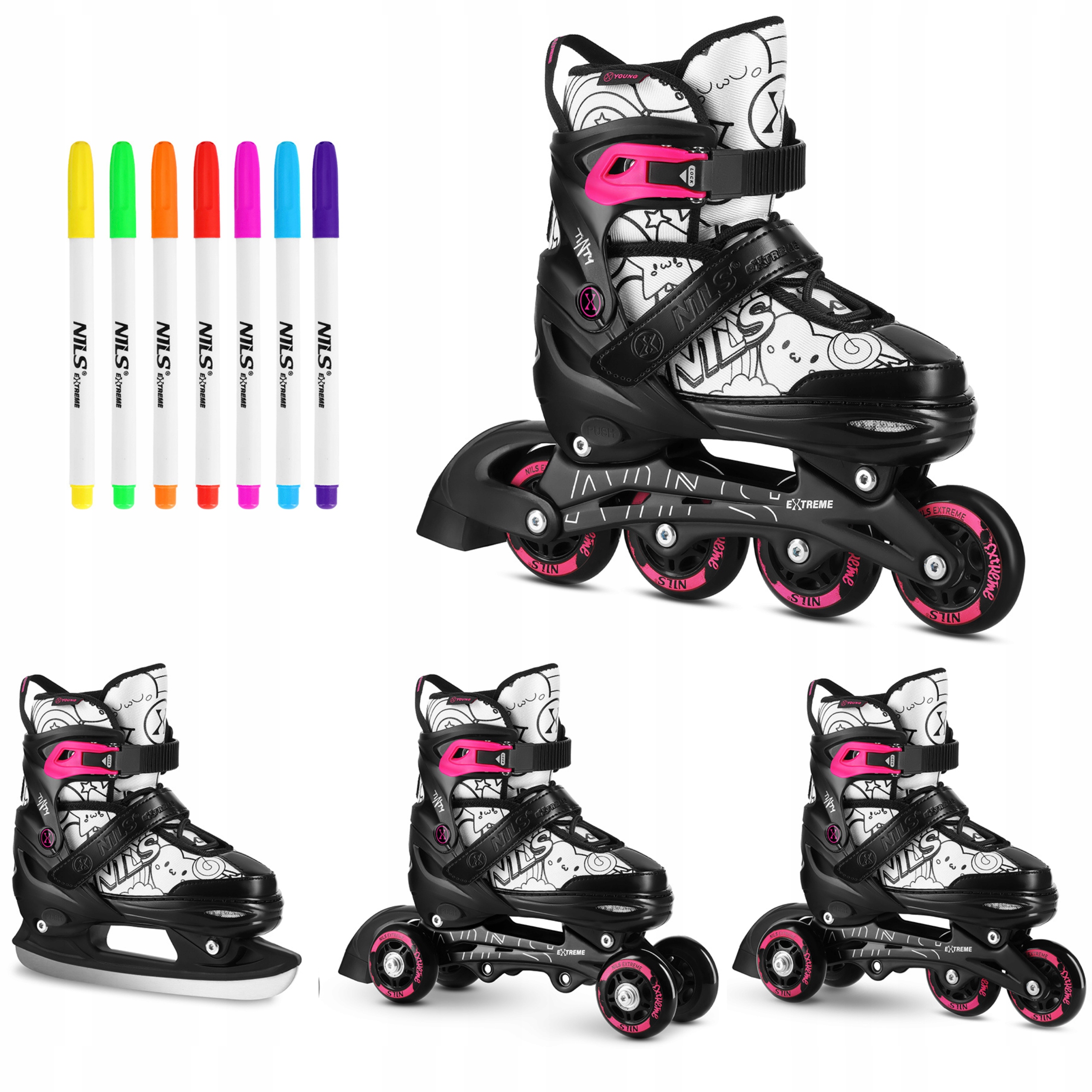 Brusle 2v1 4v1 39-42 růžové kolečkové brusle kreativní fixy Diy Nils Extreme