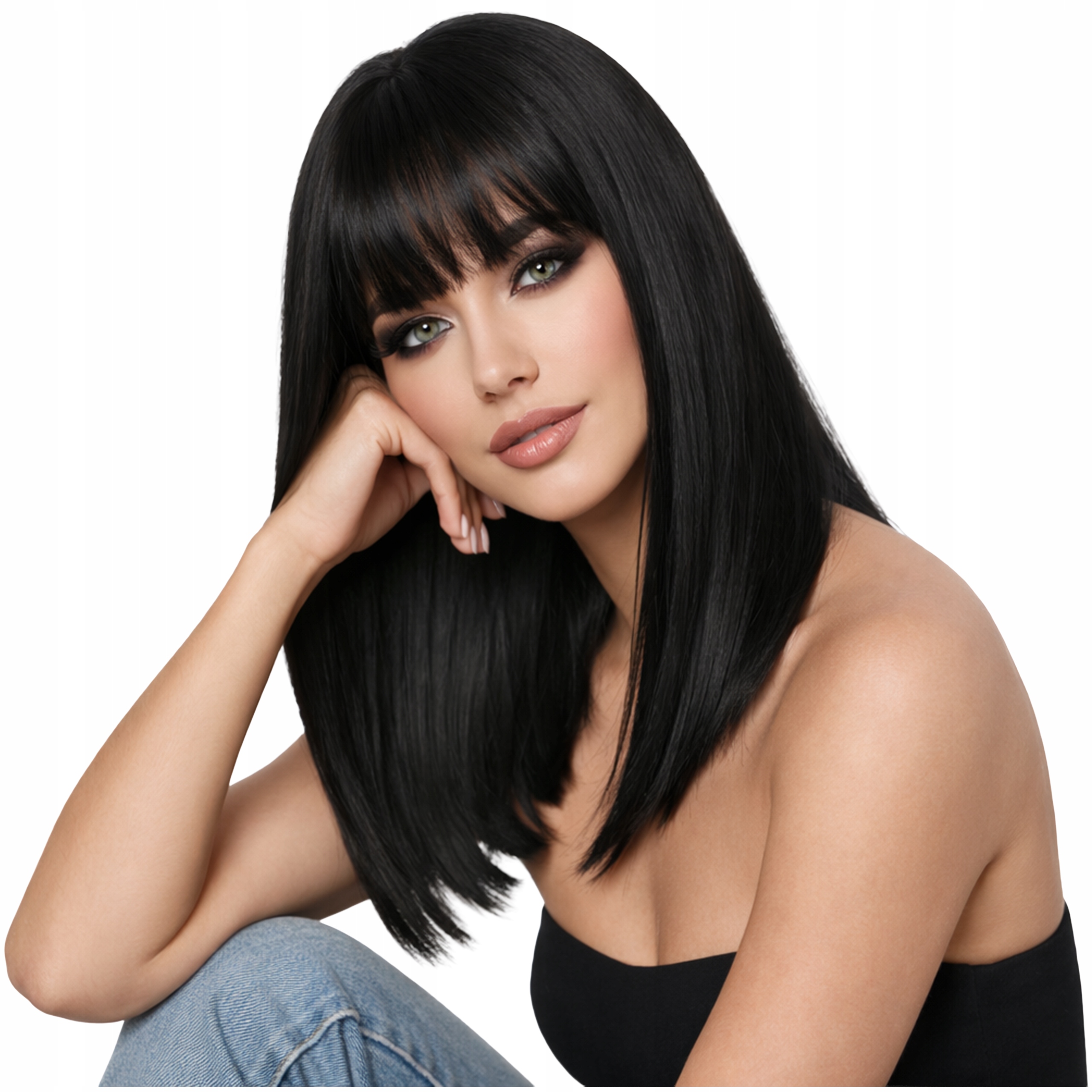 Luvu Peruka damska z Grzywką czarna Brunetka włosy proste Jak Naturalna