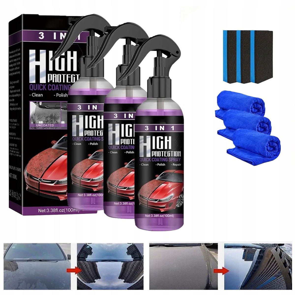 Quick Detailer Do Lakieru Samochodu Powłoka Hydrofobowa W Sprayu 100 MLx3