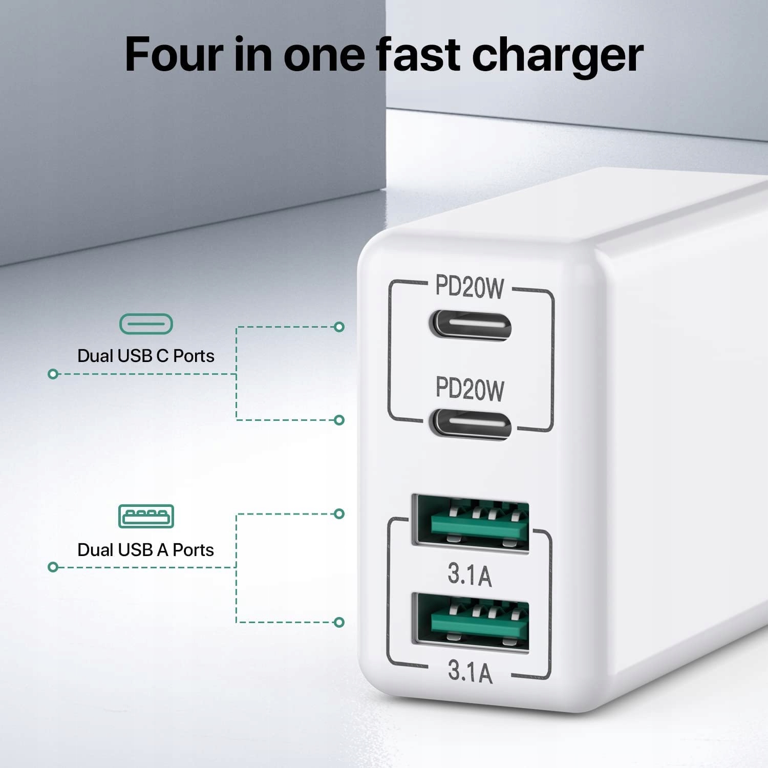 USB C HONGYEE 40W 4-Port Szybka Ładowarka Typ C iPhone Android — miniatura 3
