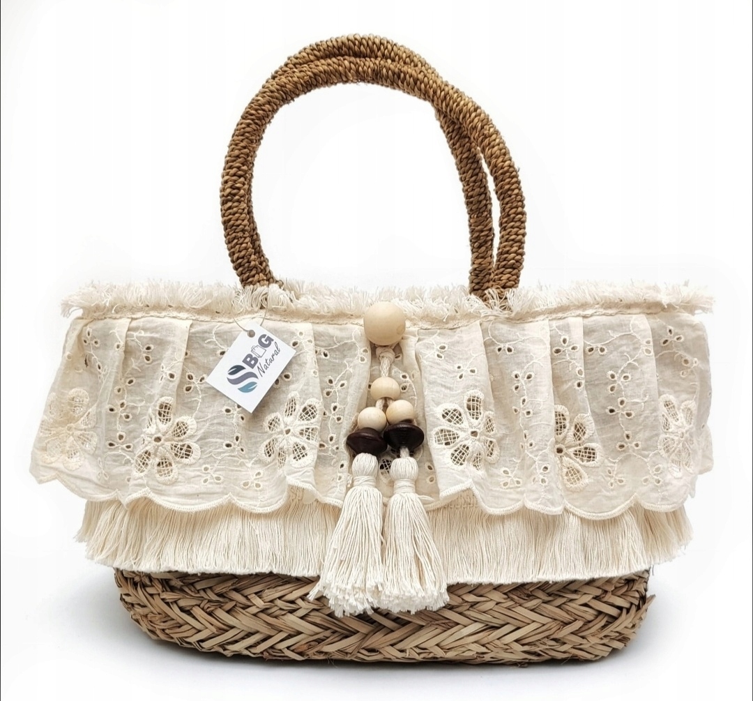Taška Slaměný košík Boho Tráva Mořská výšivka Chvojky Veganská na léto