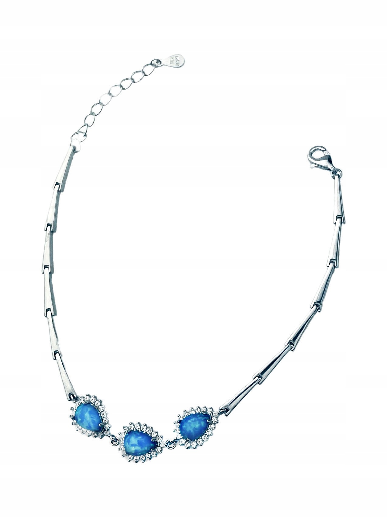 Stříbrný náramek s modrým opálem a zirkony karmínové slzy