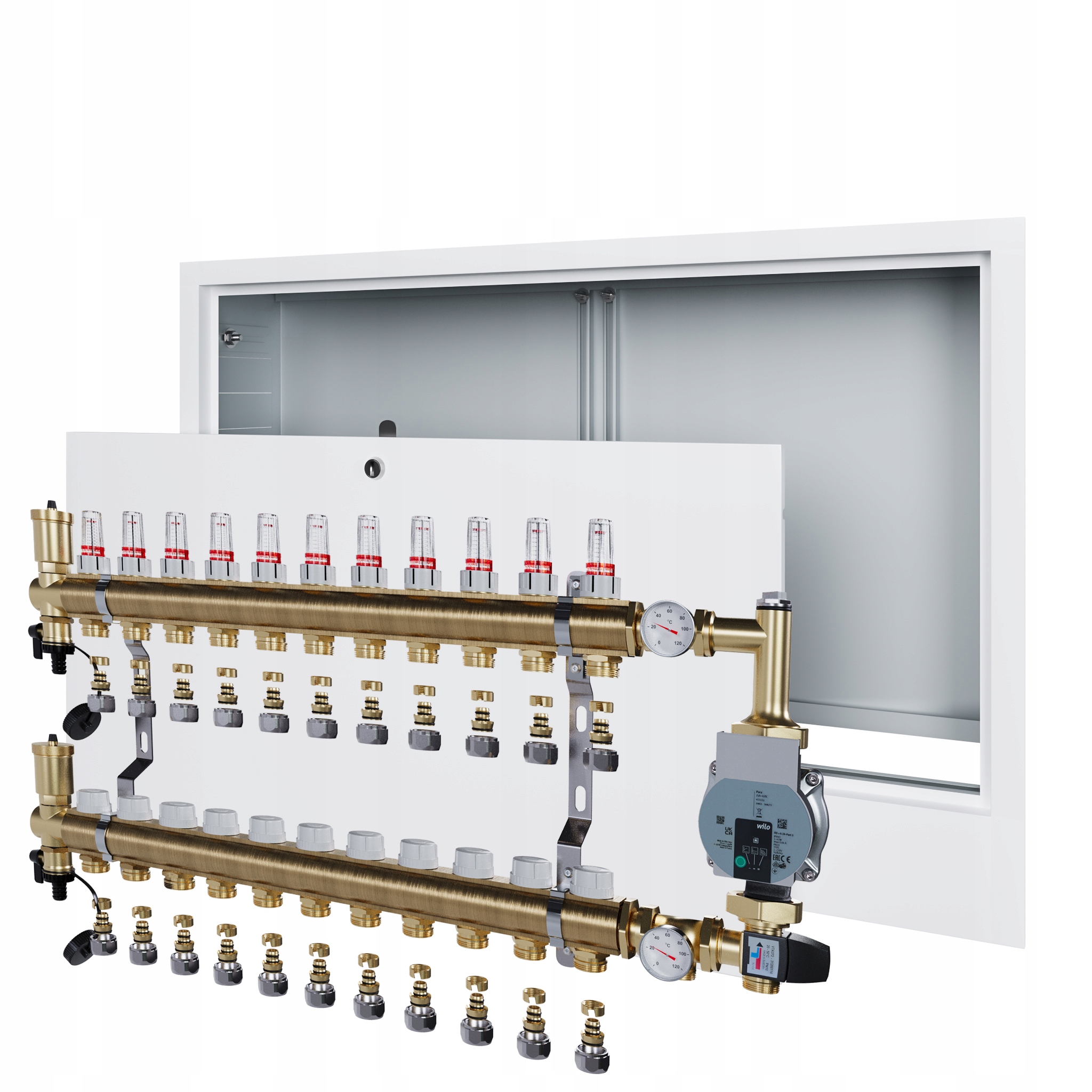 Rozdělovač pro podlahu 11 s čerpadlem Wilo a podomítkovou skříňkou Pex
