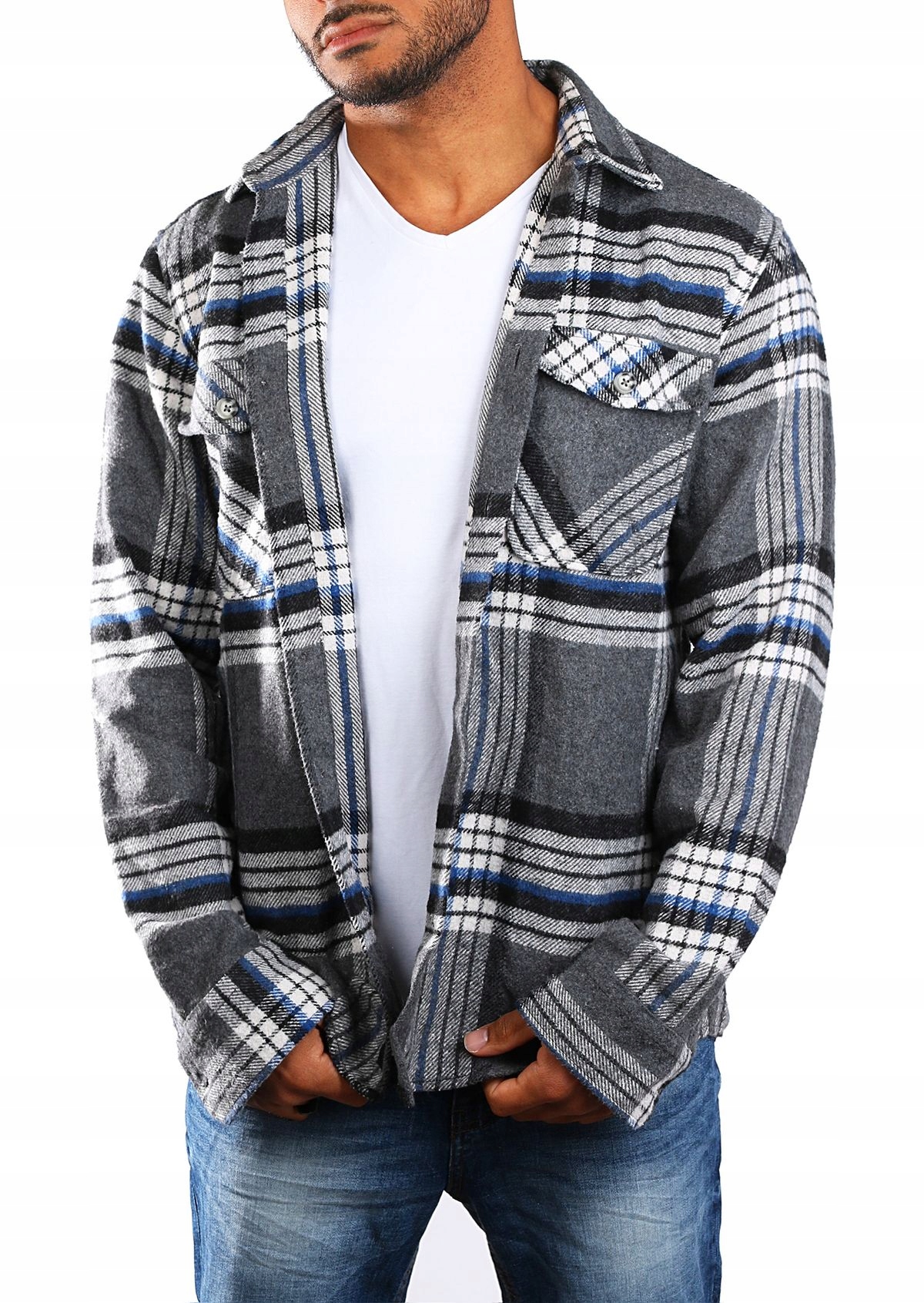 

Flanelowa Koszula W Kratę Gruba Kieszonki - XXL
