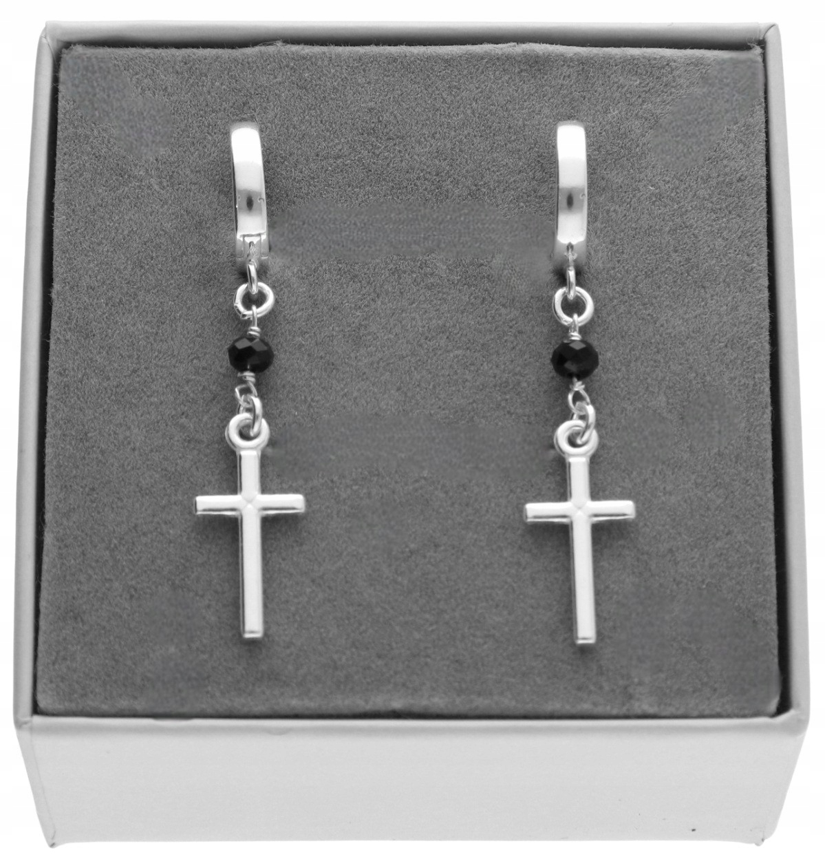 Závěsné náušnice křížky s černým korálkem stříbro 925 4 cm krabička