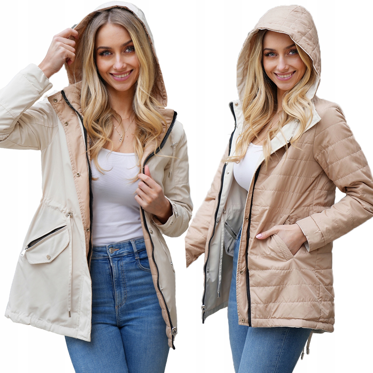 Oboustranná Vypasovaná Jarní bunda Parka Kapuce Béžová Přechodová S