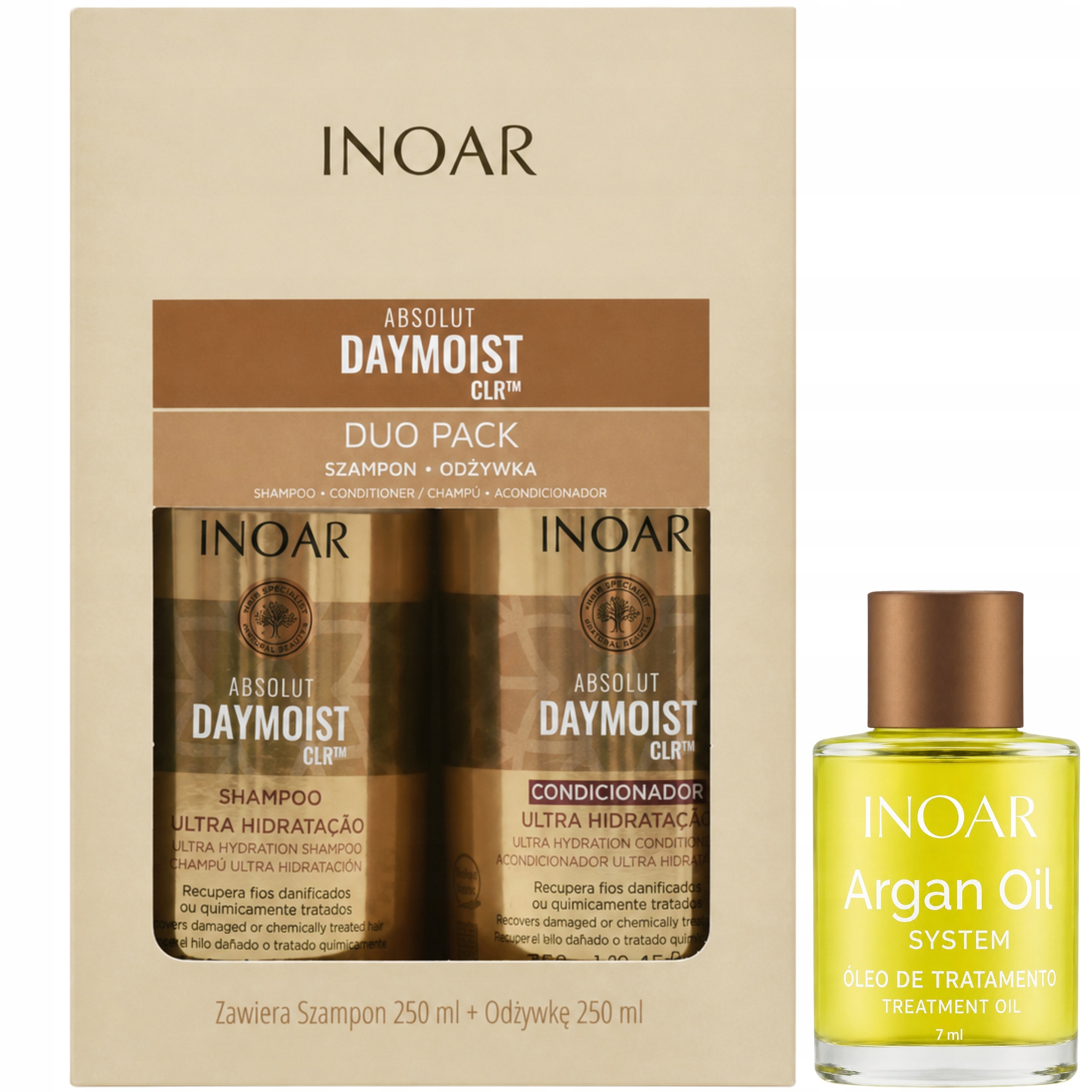Szampon Odżywka po keratynie Inoar Absolut Daymoist 2x250ml olejek 7ml